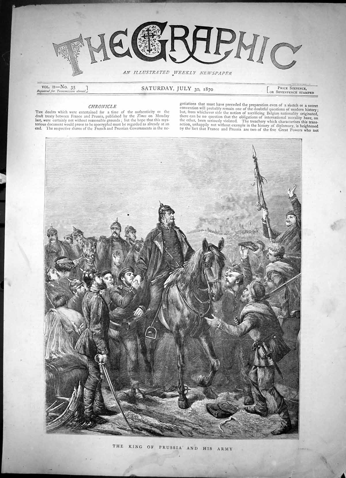Antique Old Print The King Prussia And His Army Horse-Back Swords Rifles 1870