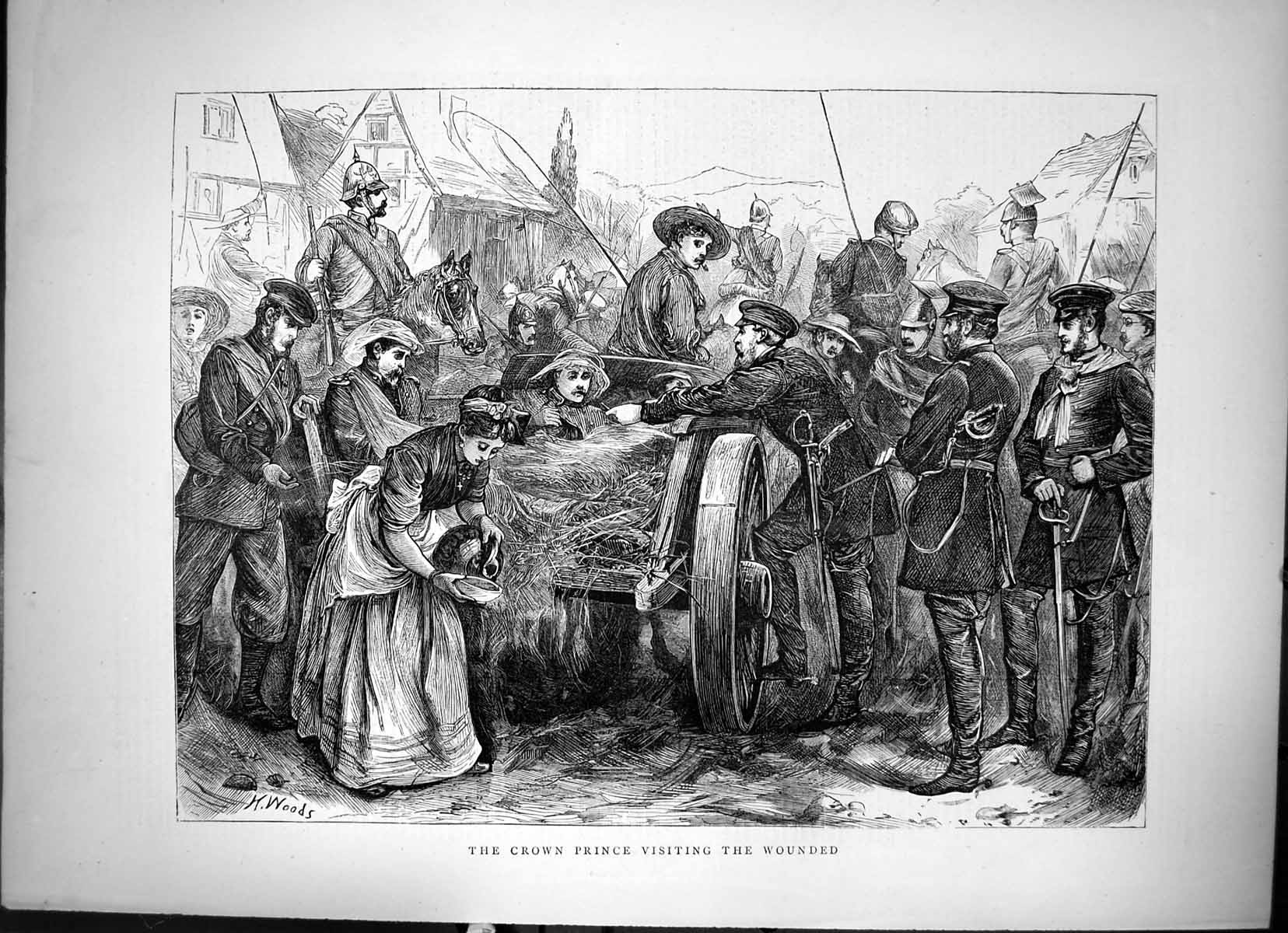 Antique Print The Crown Prince Visiting The Wounded Siers Horse & Cart 1870