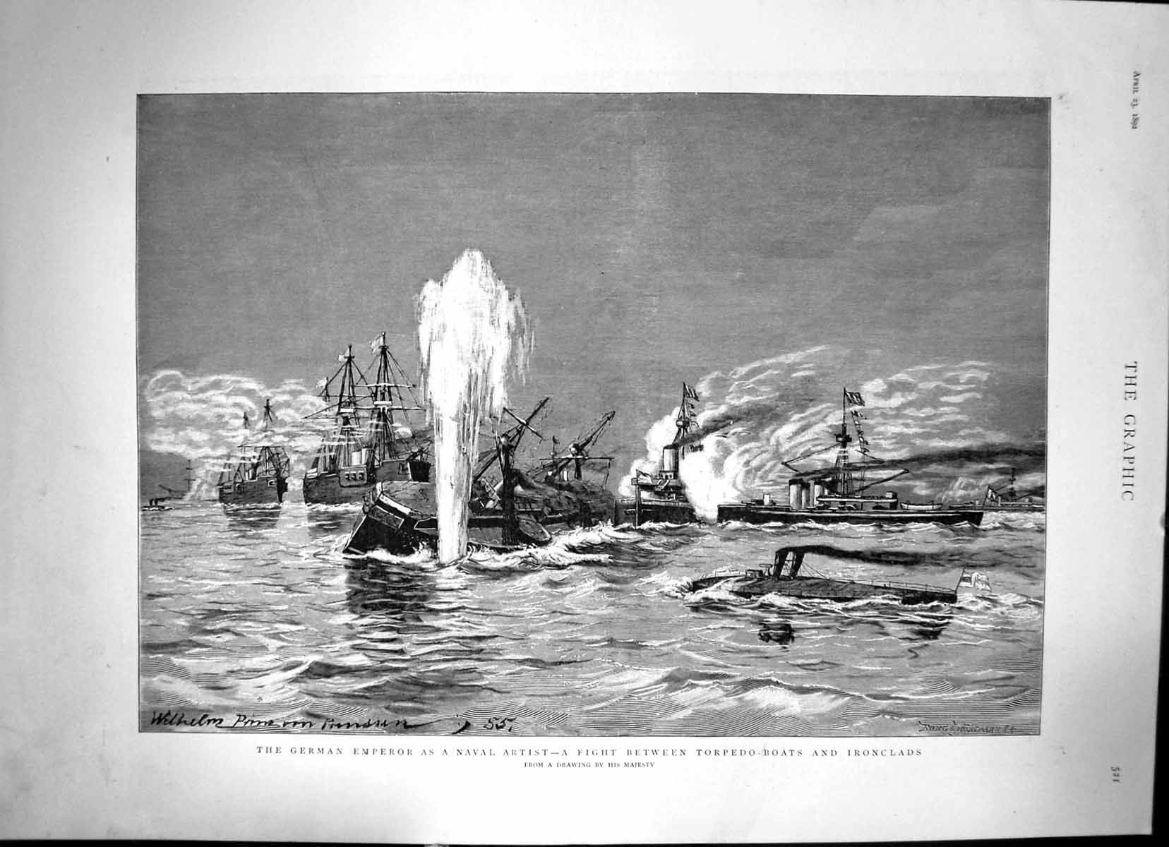 Old Print GermanˇEmperorˇAsˇNavalˇArtistˇFightˇBetweenˇTorpedoˇBoatsˇ1892 19th
