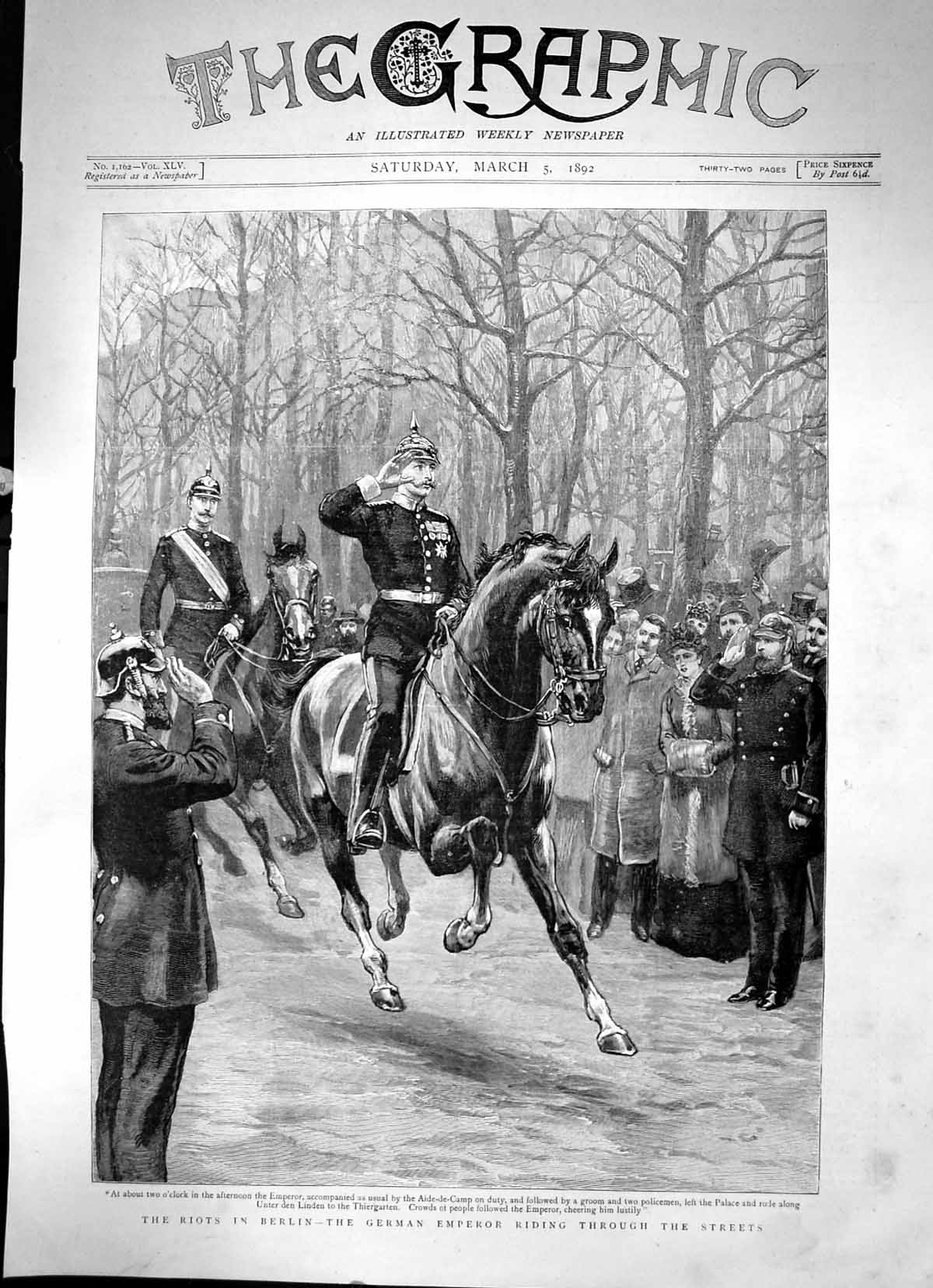 Old Print Riots In Berlin German Emperor Riding Through The Streets 1892 19th