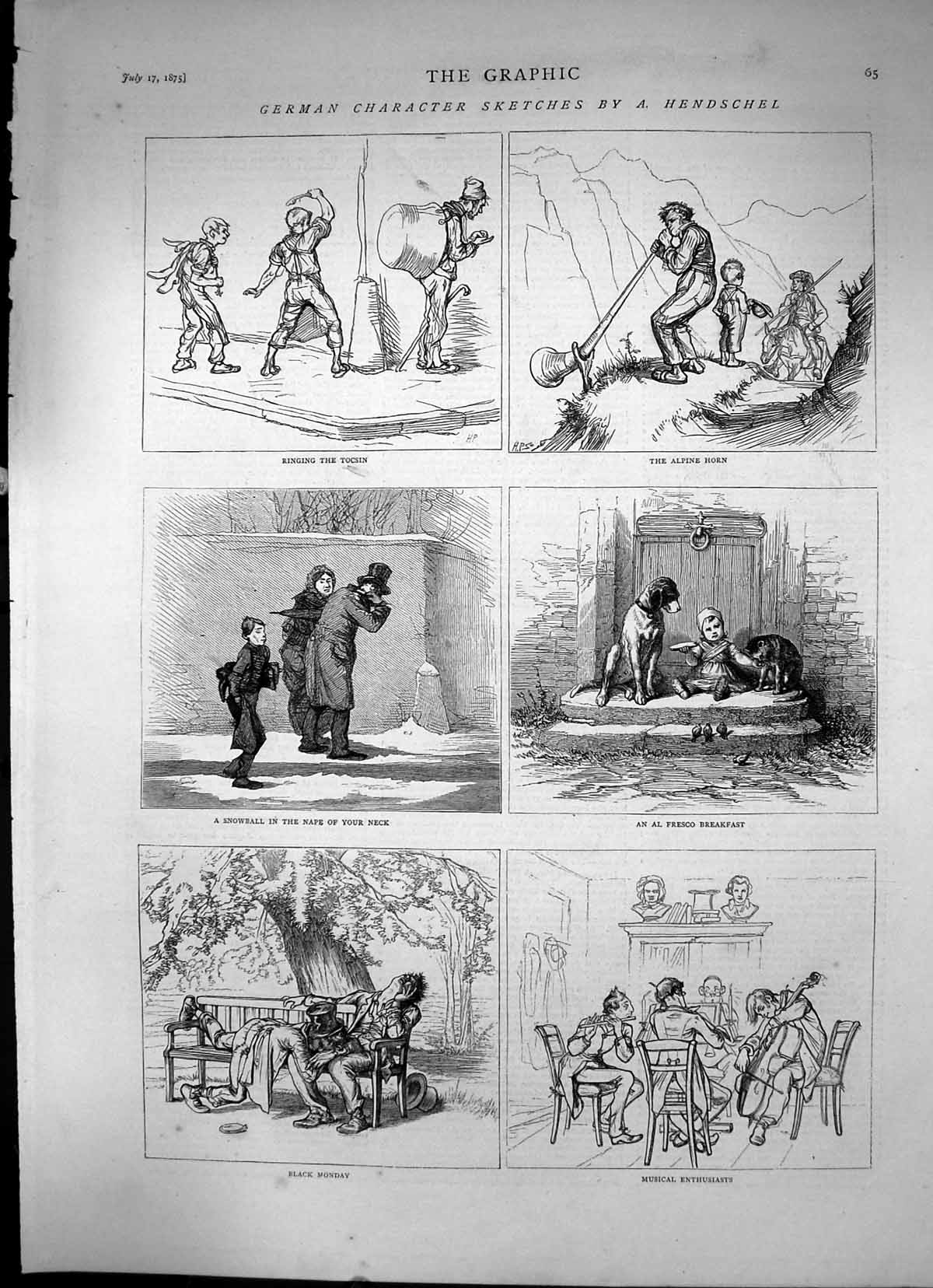 Antique Old Print German Character Sketches By A Hendschel Alpine Horn 1875
