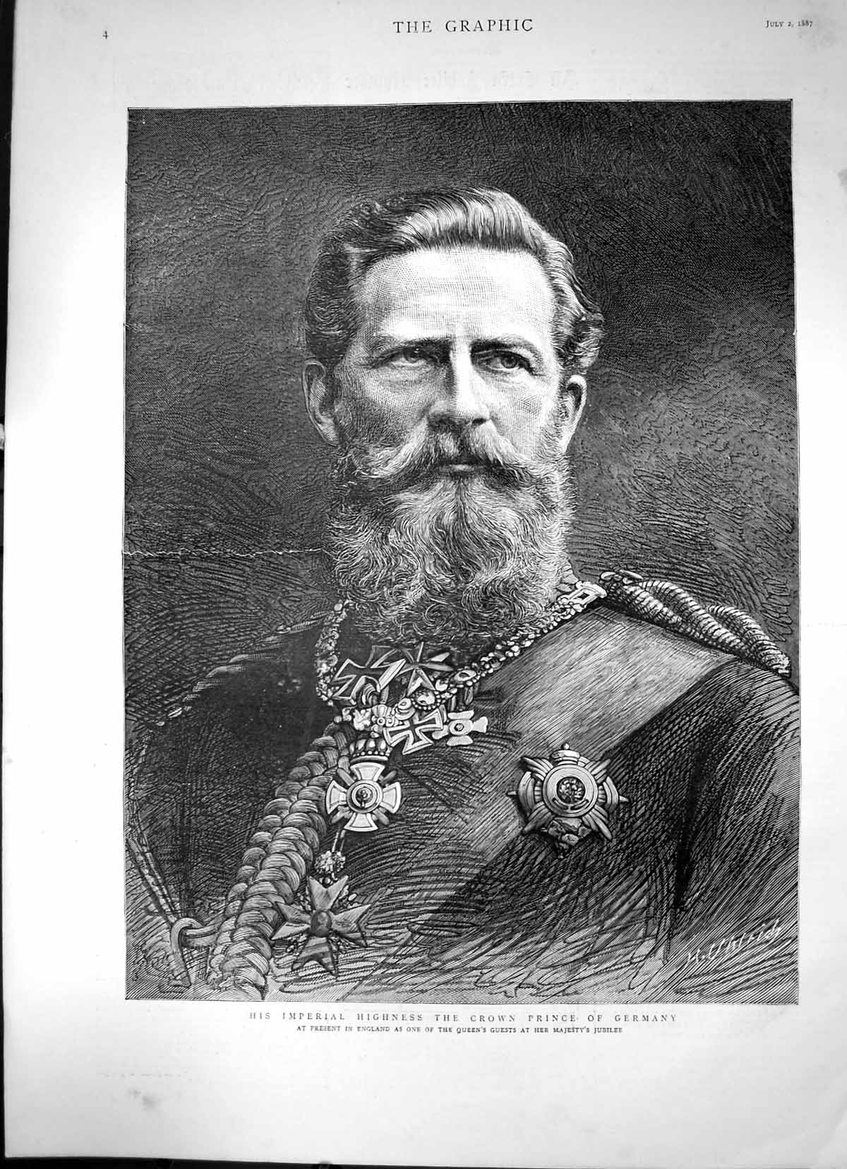 Original Old Antique Print His Imperial Highness The Crown Prince Germany 1887
