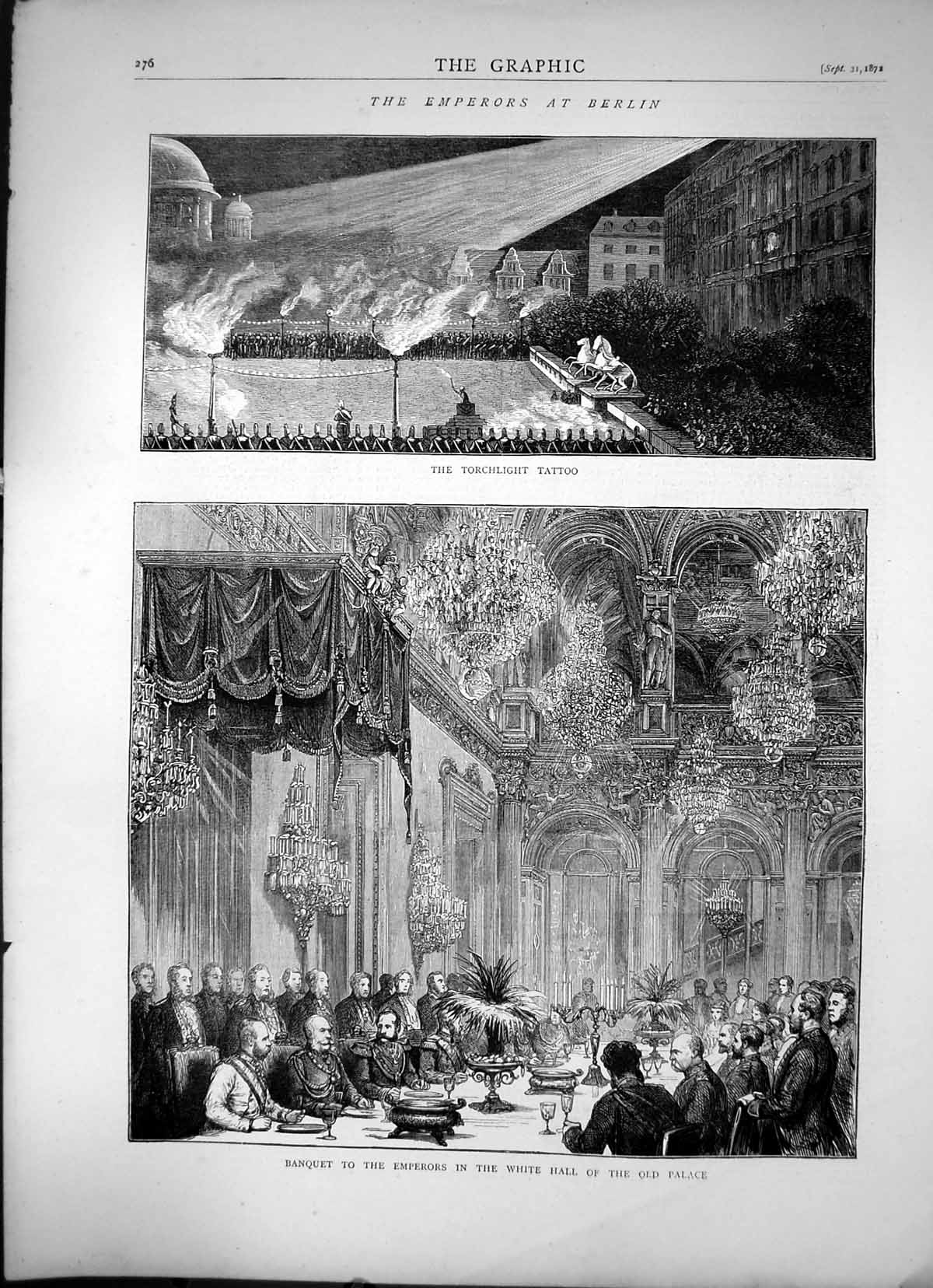 Antique Old Print Emperors At Berlin Banquet White-Hall Palace Tattoo 1872 19th