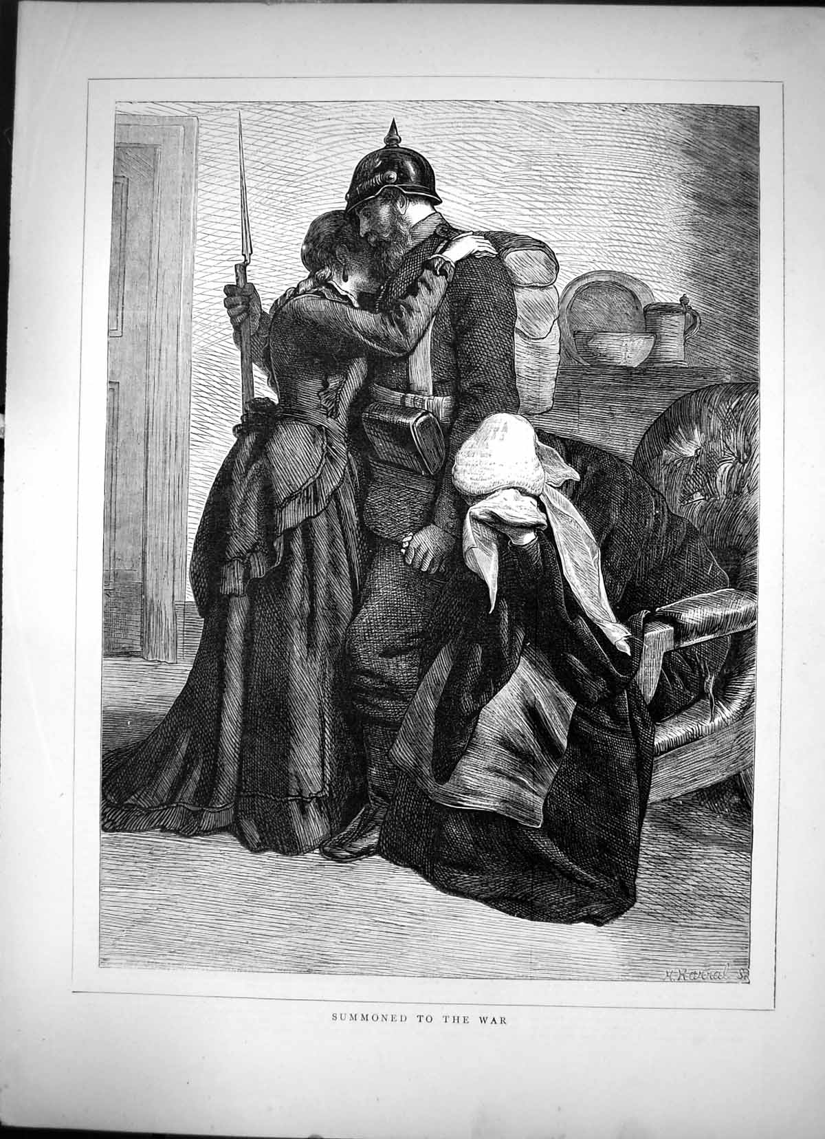 Antique Old Print Summoned To The War Wife Child Crying Hugging Father 1870