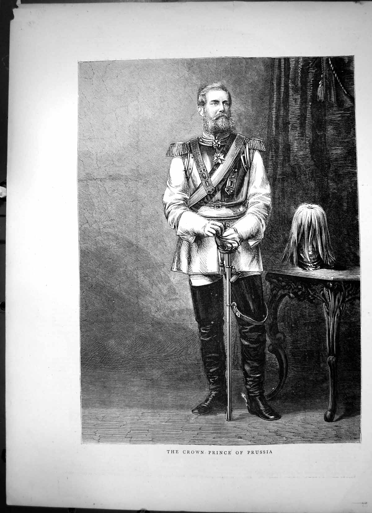 Original Old Antique Print The Crown Prince Prussia Portrait Uniform Sword 1870