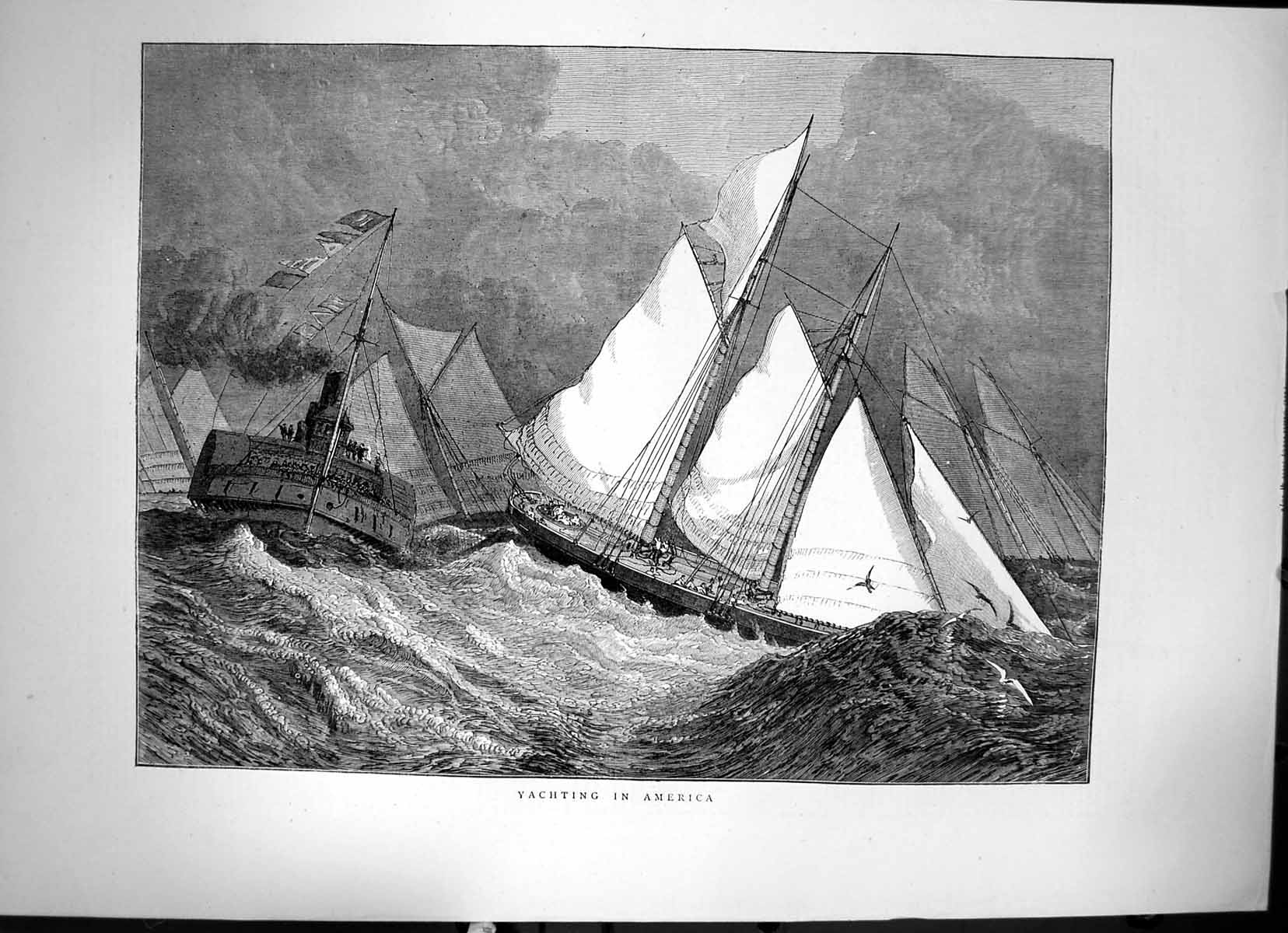 Old Print Yachting In America Sailing In Storm High Waves Steamship 1871 19th