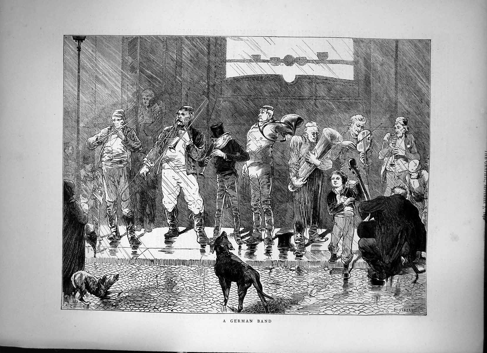 Antique Print A German Band Musical Instruments On Stage Dogs Barking 1872 19th