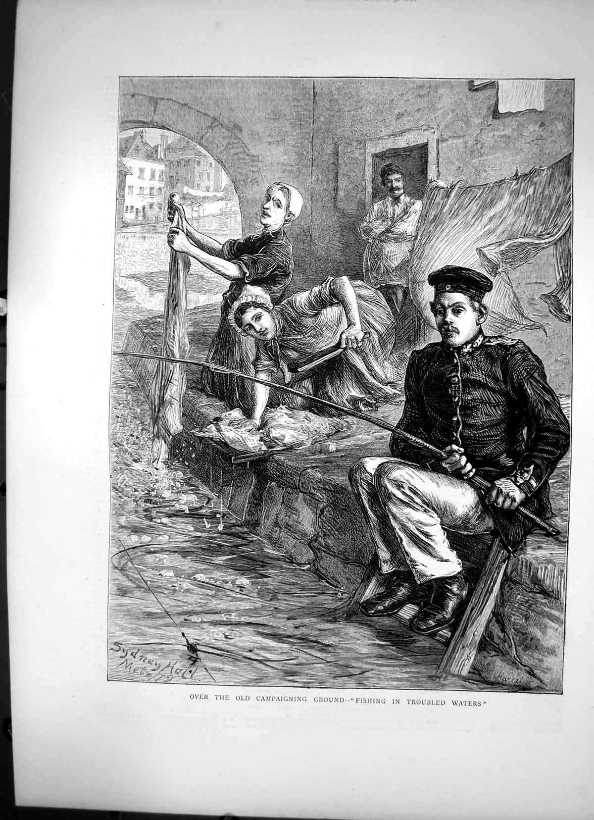 Antique Old Print Over The Campaigning Ground Fishing In Troubled Waters 1872