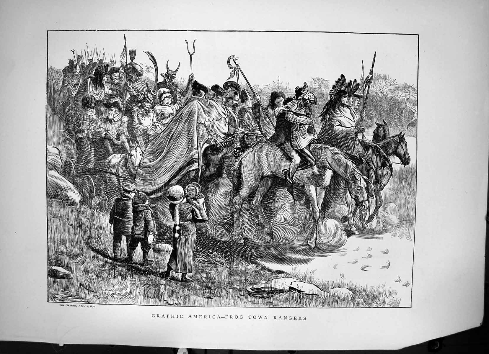 Old Print Graphic America Frog Town Rangers Native Indians Horseback 1870 19th