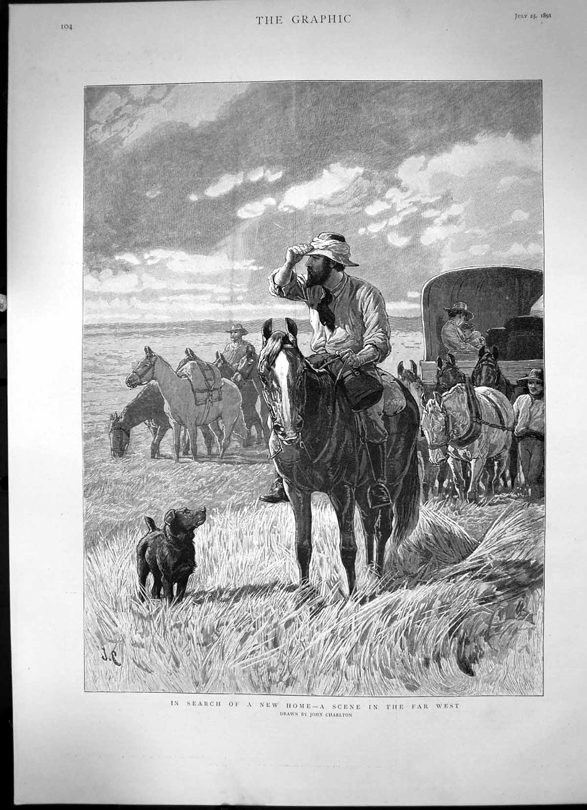 Antique Old Print In Search A New Home A Scene In The Far West Horseman 1891
