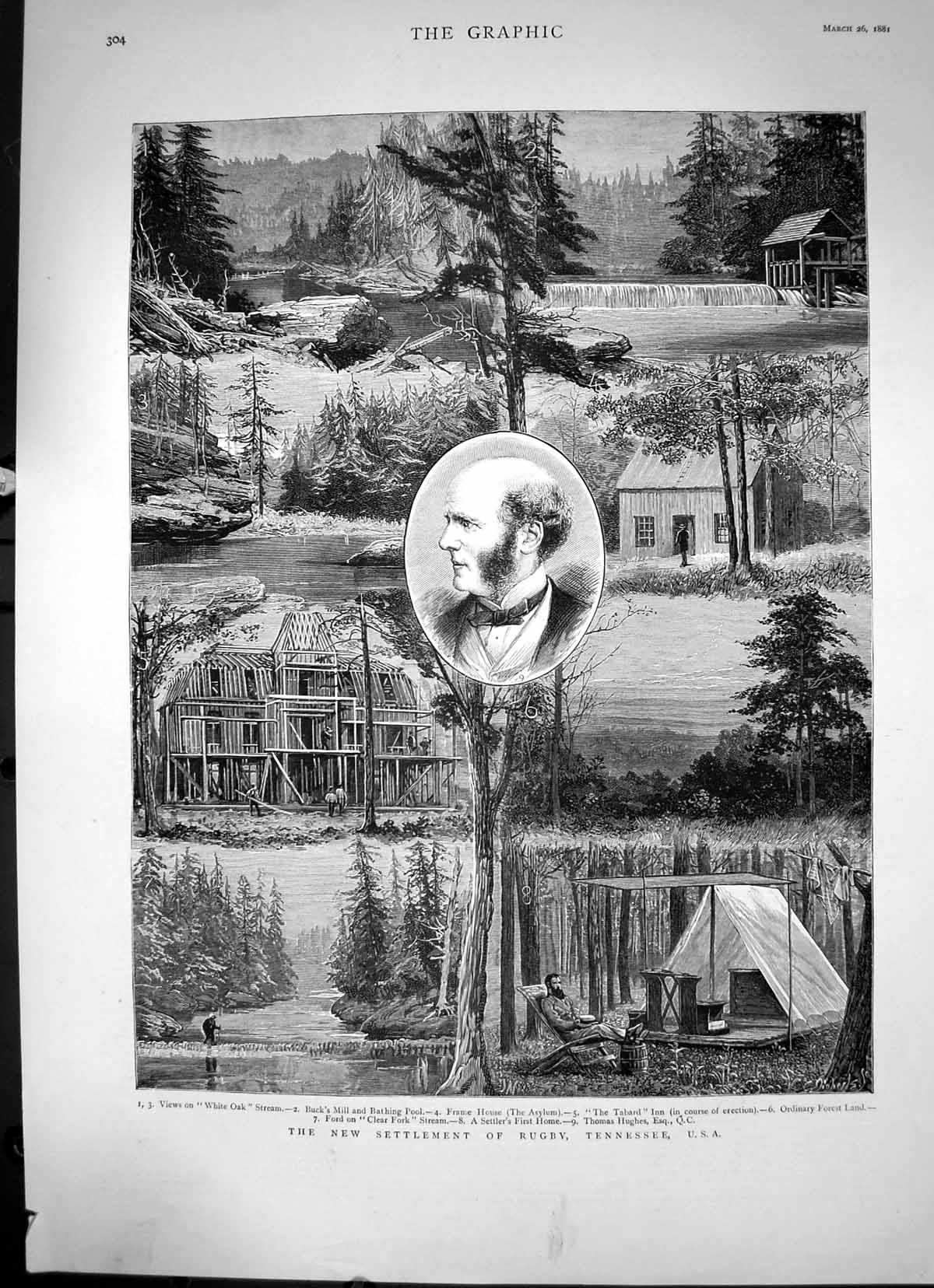 Antique Old Print The New Settlement Rugby Tennessee Usa Sketches Woods 1881