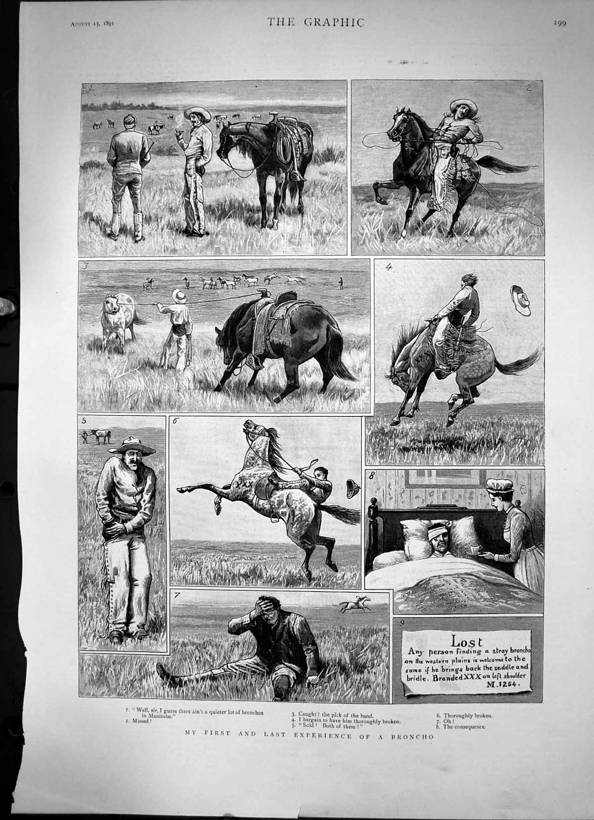 Antique Old Print My First And Last Experience A Broncho Lost Broncho 1891 19th