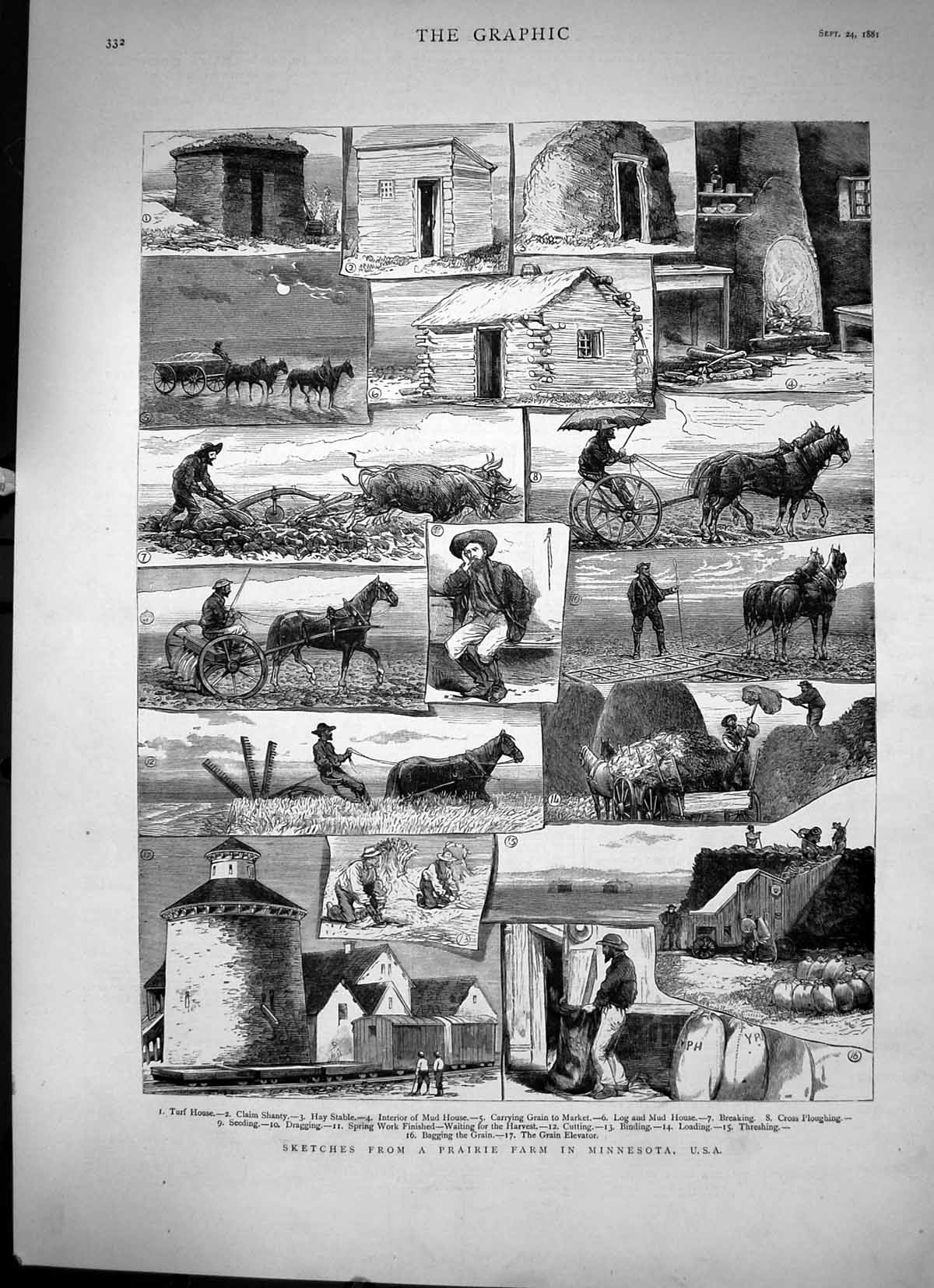 Antique Old Print Sketches From A Prairie Farm In Minnesota Usa Sketches 1881