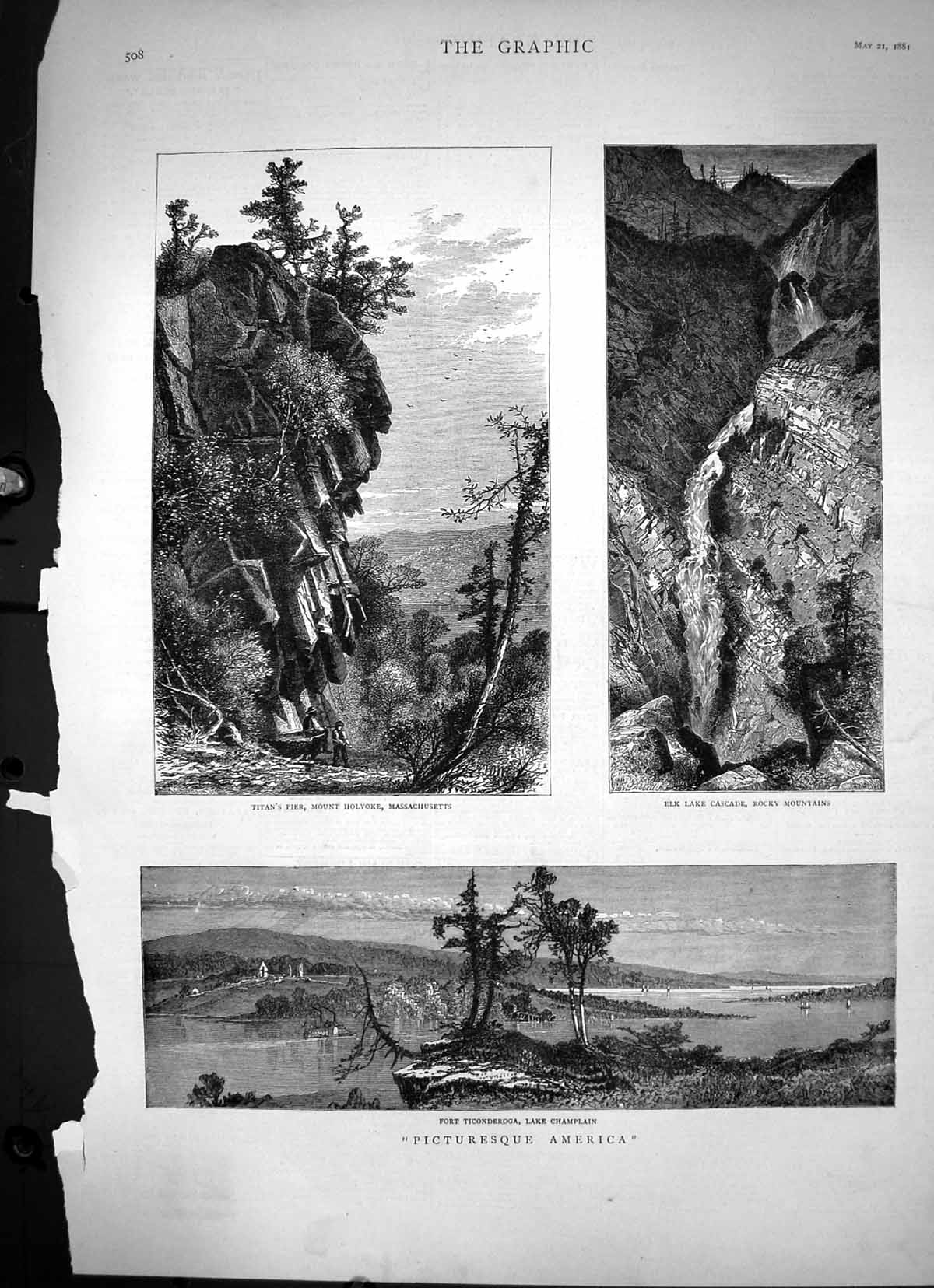 Old Print Picturesque America Titans Pier Elk Lake Cascade Champlain 1881 19th