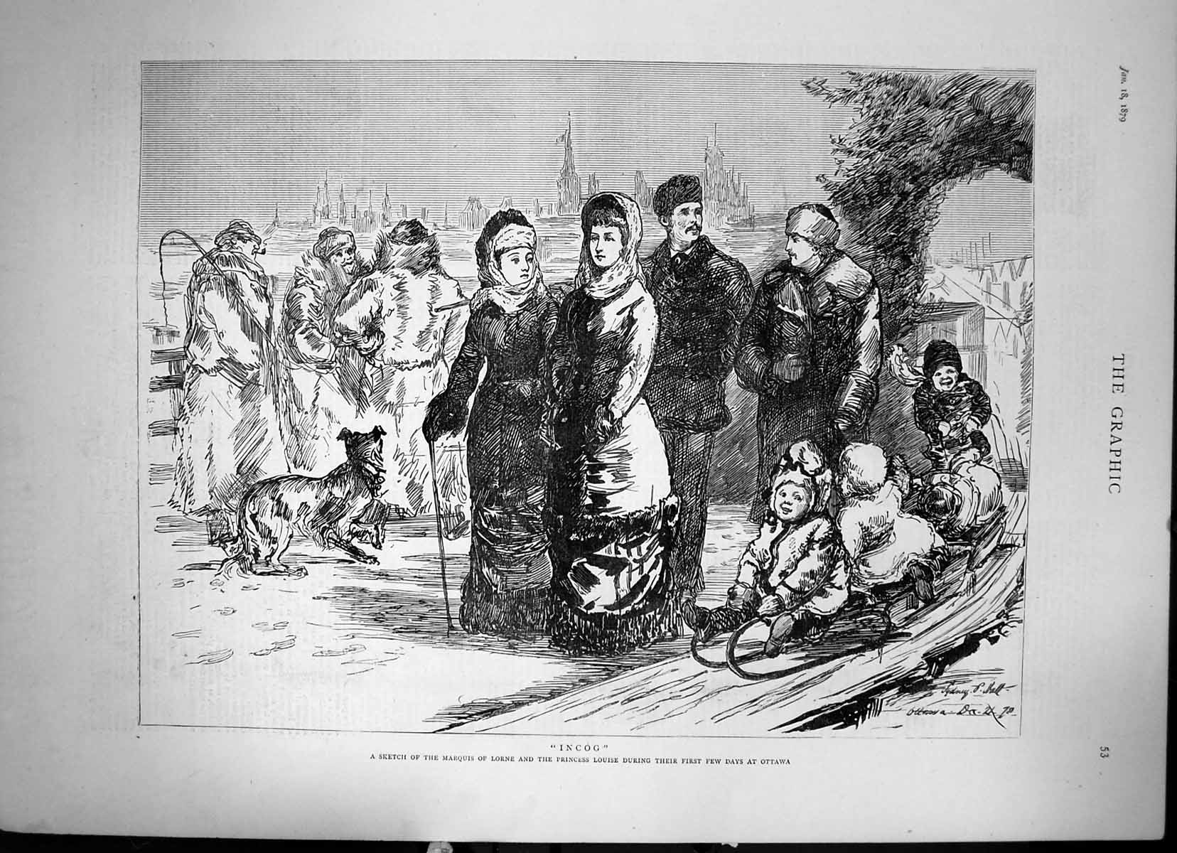 Antique Old Print Incog Sketch Marquis Lorne Princess Louise In Ottawa 1879