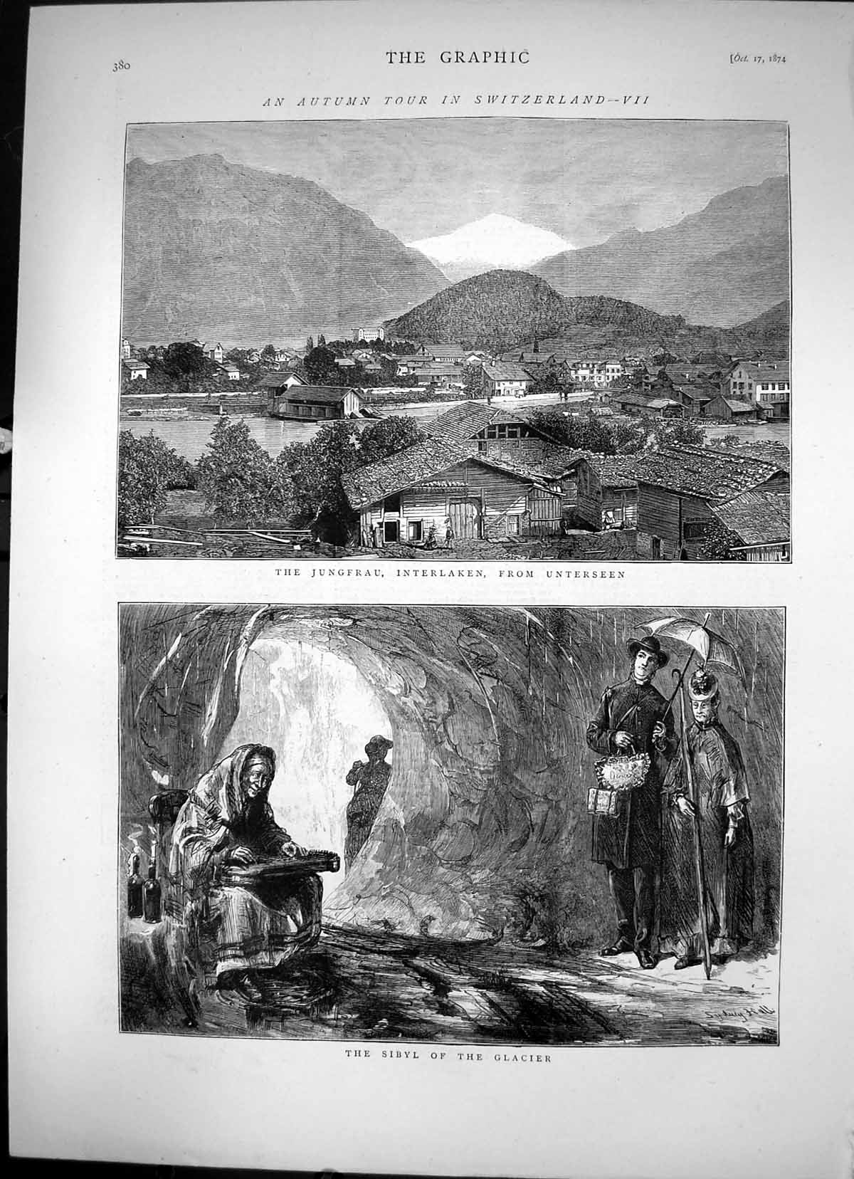 Antique Old Print An Autumn Tour In Switzerland Sibyl Glacier Interlaken 1874
