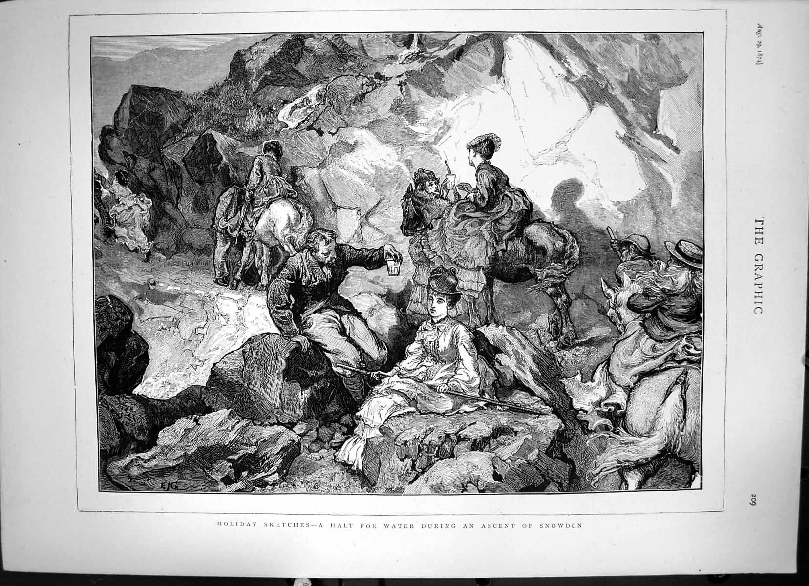Antique Print Holiday Sketches A Halt For Water During Ascent Snowdon 1874 19th