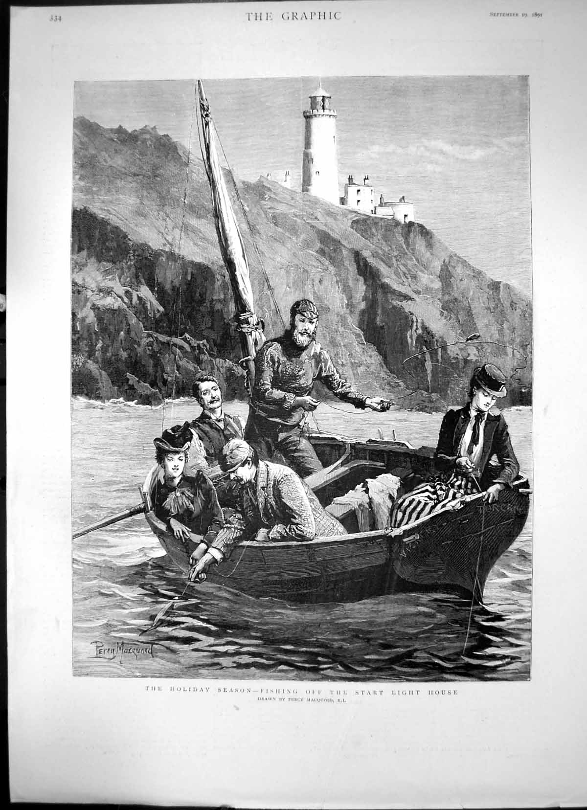 Old The Holiday Season Fishing Off The Start Light House Sketch 1891 Victorian