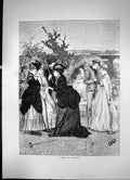 Original Old Antique Print A Game Croquet Men Women Gardens Dresses Gowns 1870