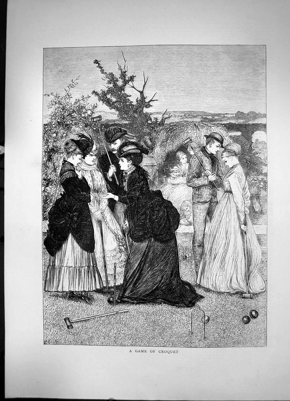 Original Old Antique Print A Game Croquet Men Women Gardens Dresses Gowns 1870