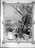 Original Old Antique Print Men Women And Children Skating Under Tree 1869 19th