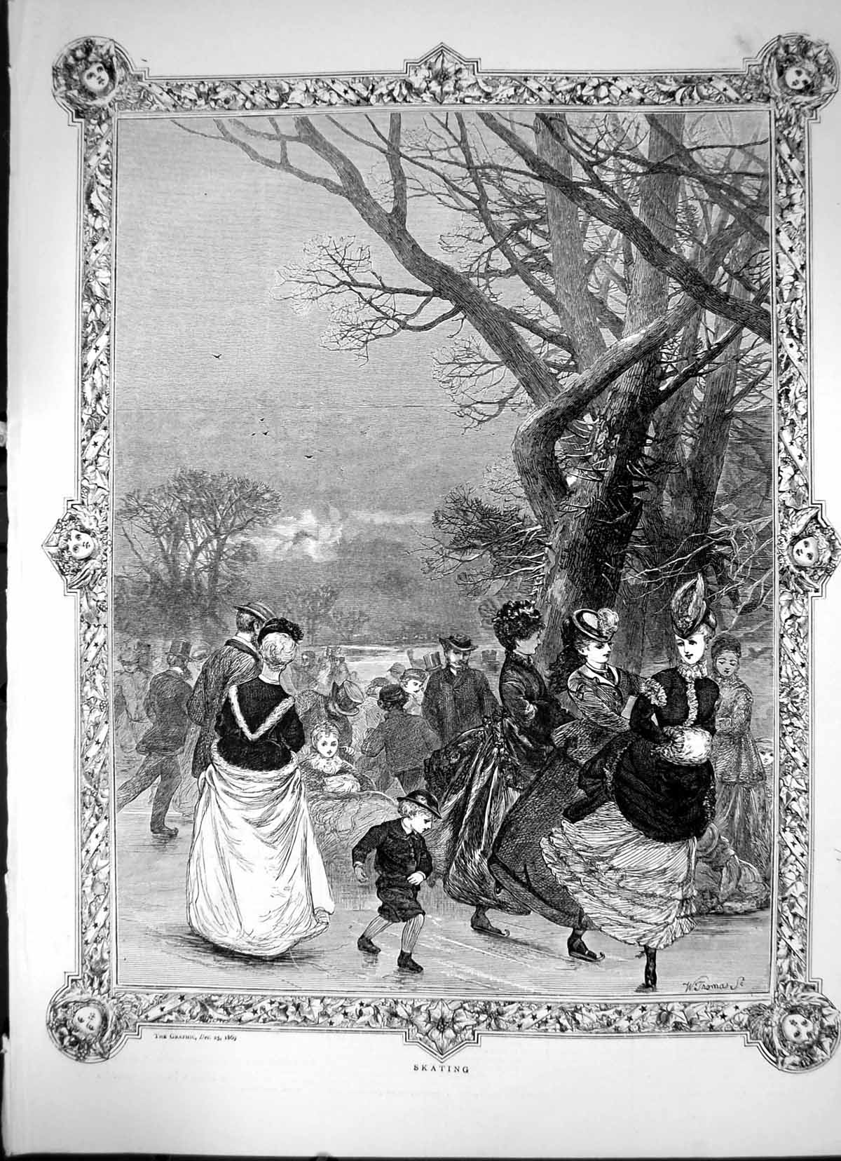 Original Old Antique Print Men Women And Children Skating Under Tree 1869 19th