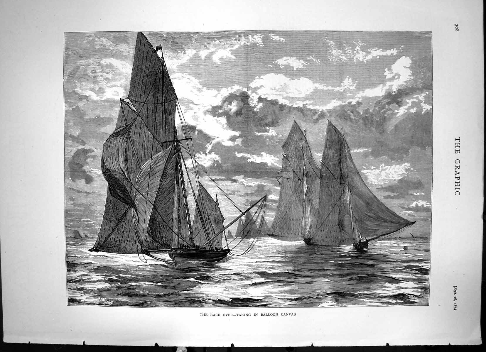 Antique Old Print The Race Over-Taking In Balloon Canvas Boats Sea Waves 1874