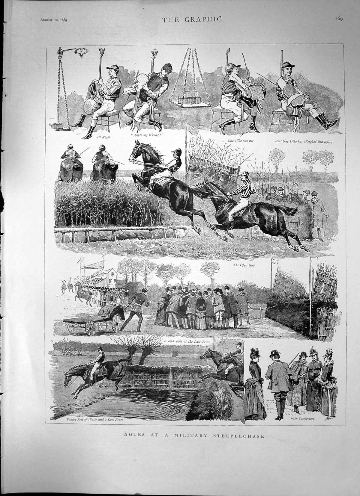 Antique Old Print Notes At A Military Steeplechase Sketches Horse-Racing 1889
