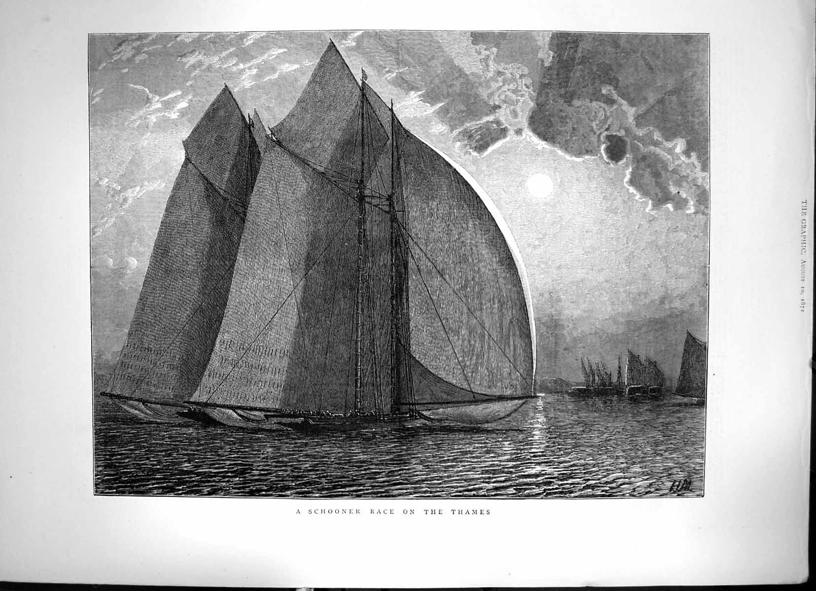 Original Old Antique Print A Schooner Race On The Thames London Boat Race 1872