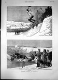 Antique Old Print Winter Sports In Norway Snow-Shoe Jumping Sledge Races 1883