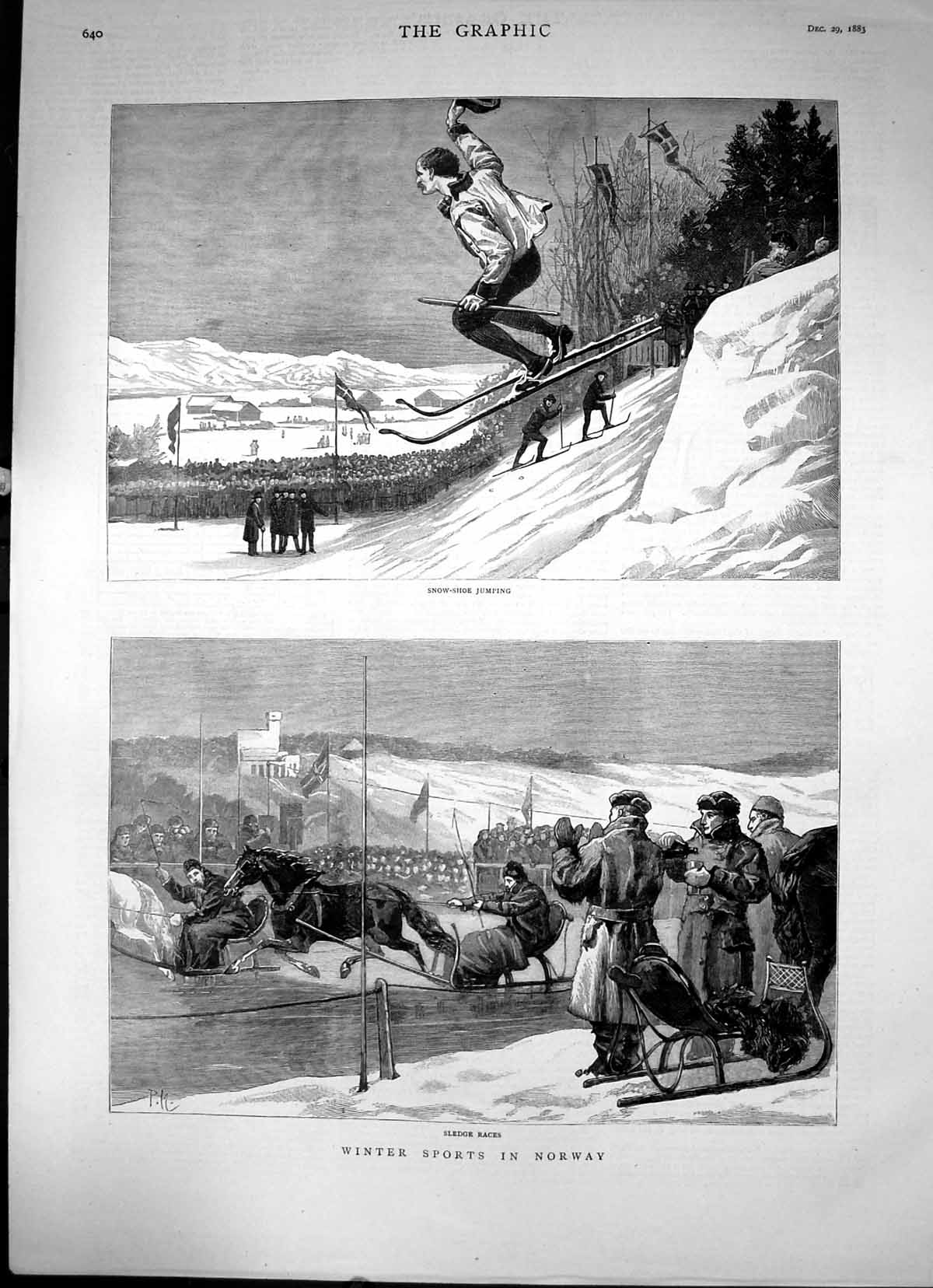 Antique Old Print Winter Sports In Norway Snow-Shoe Jumping Sledge Races 1883