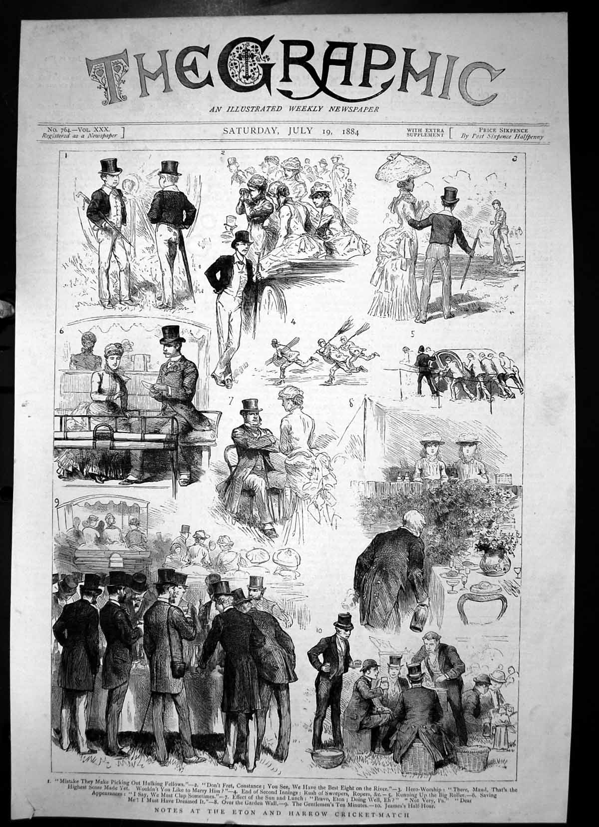 Old Print Notes At The Eton And Harrow Cricket-Match Quotes Sketches 1884 19th