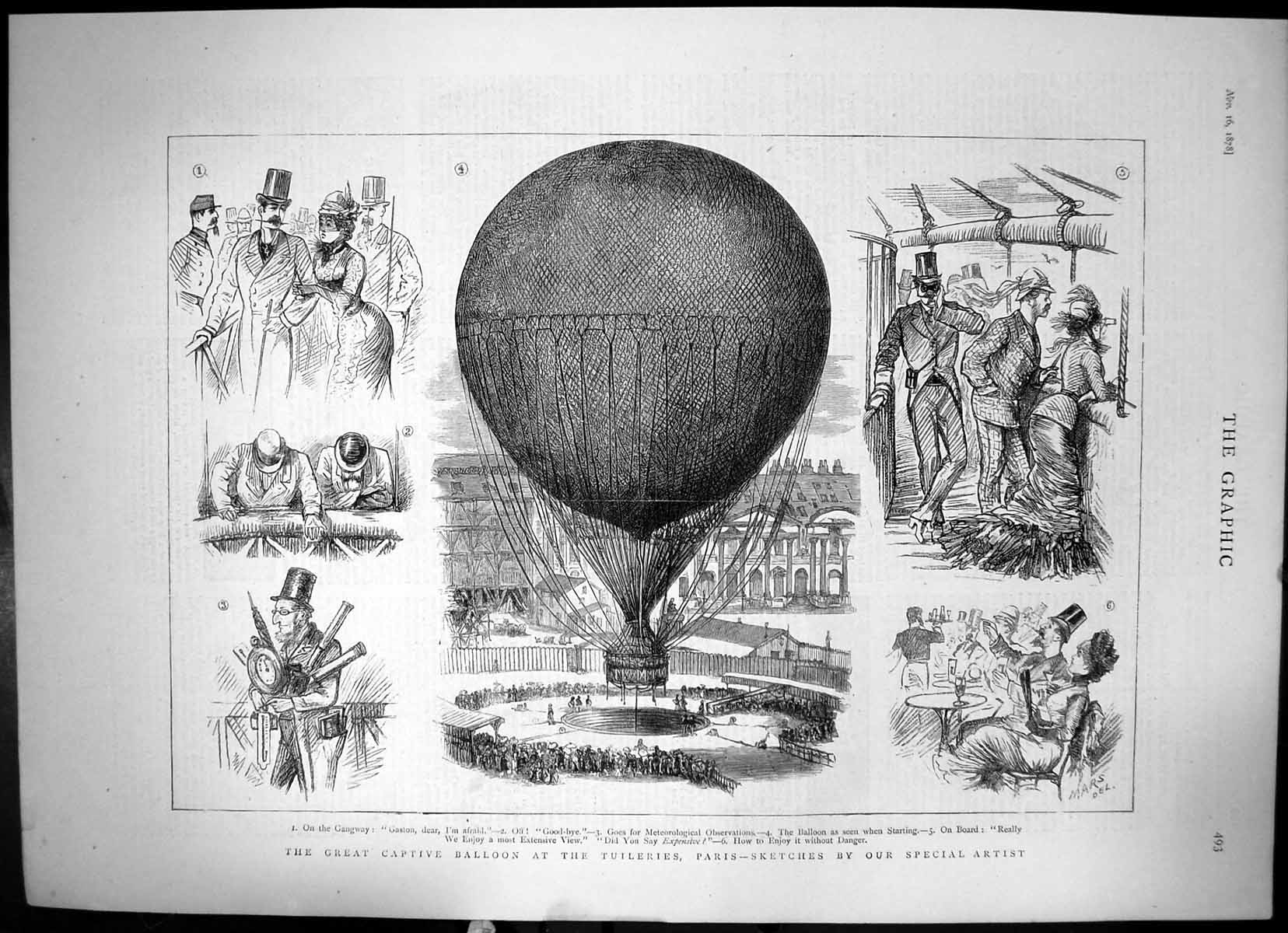 Old Print The Great Captive Balloon At The Tuileries Paris Sketches 1878 19th
