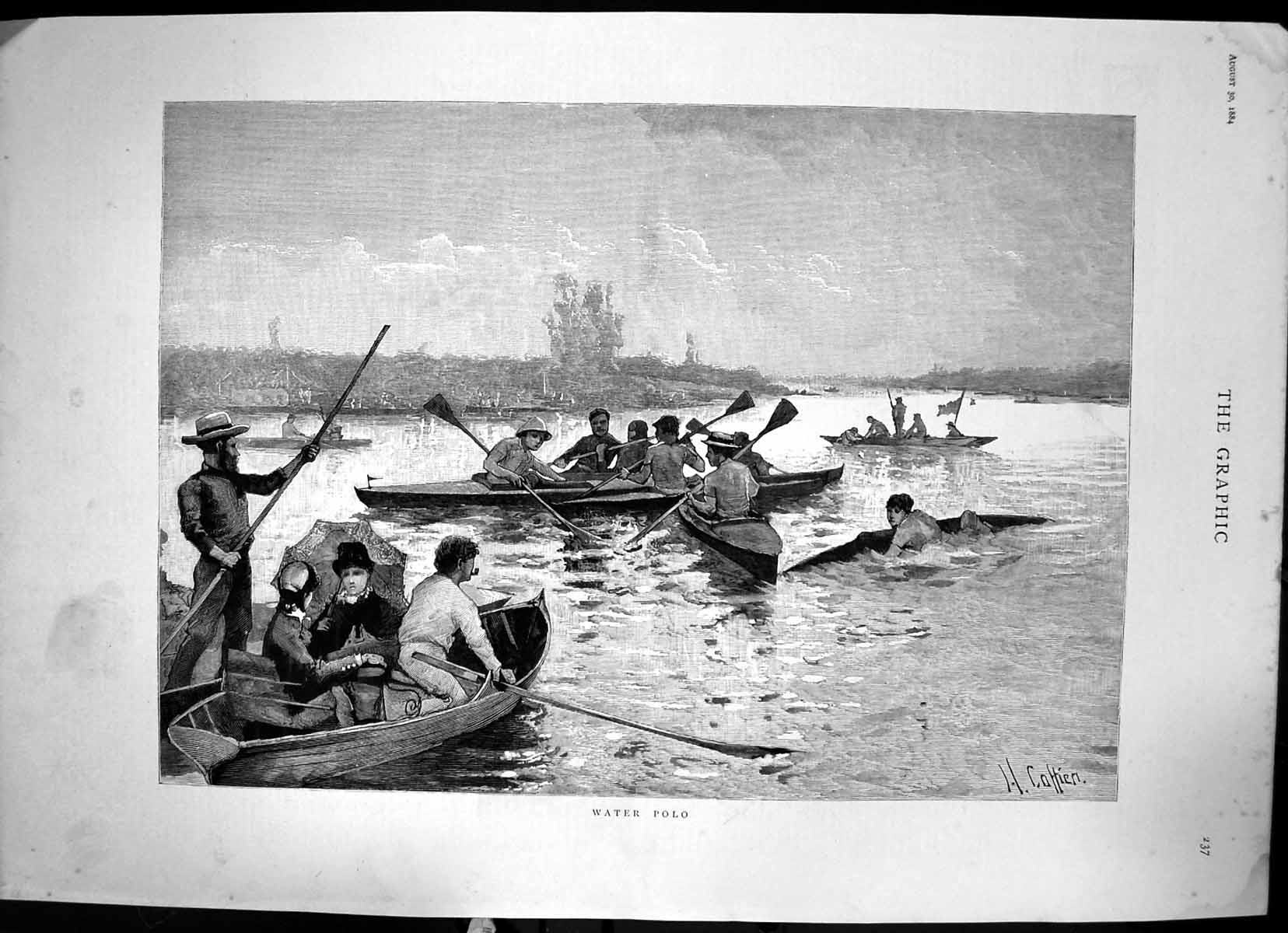 Original Old Antique Print Water Polo Sketch River Men Women Boats Sport 1884