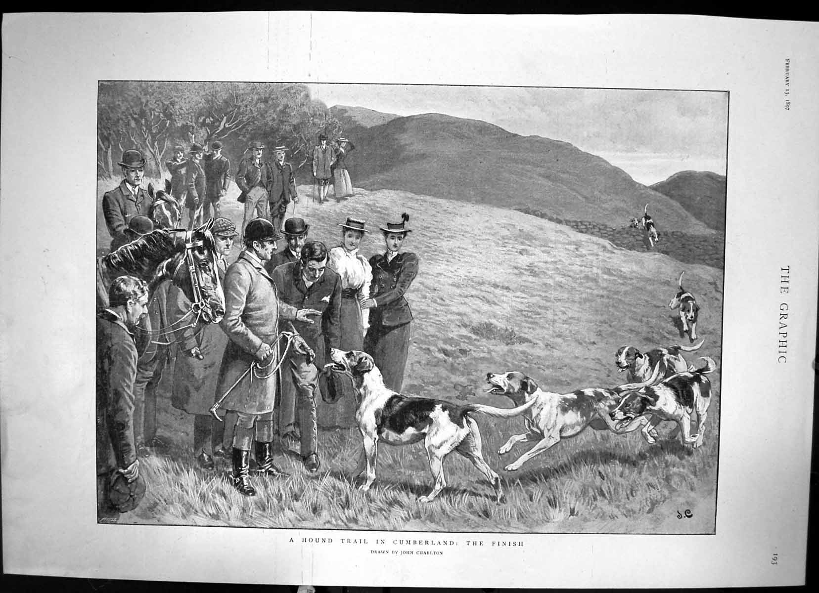 Old Print A Hound Trial In Cumberland The Finish Drawn By J Charlton 1897 19th