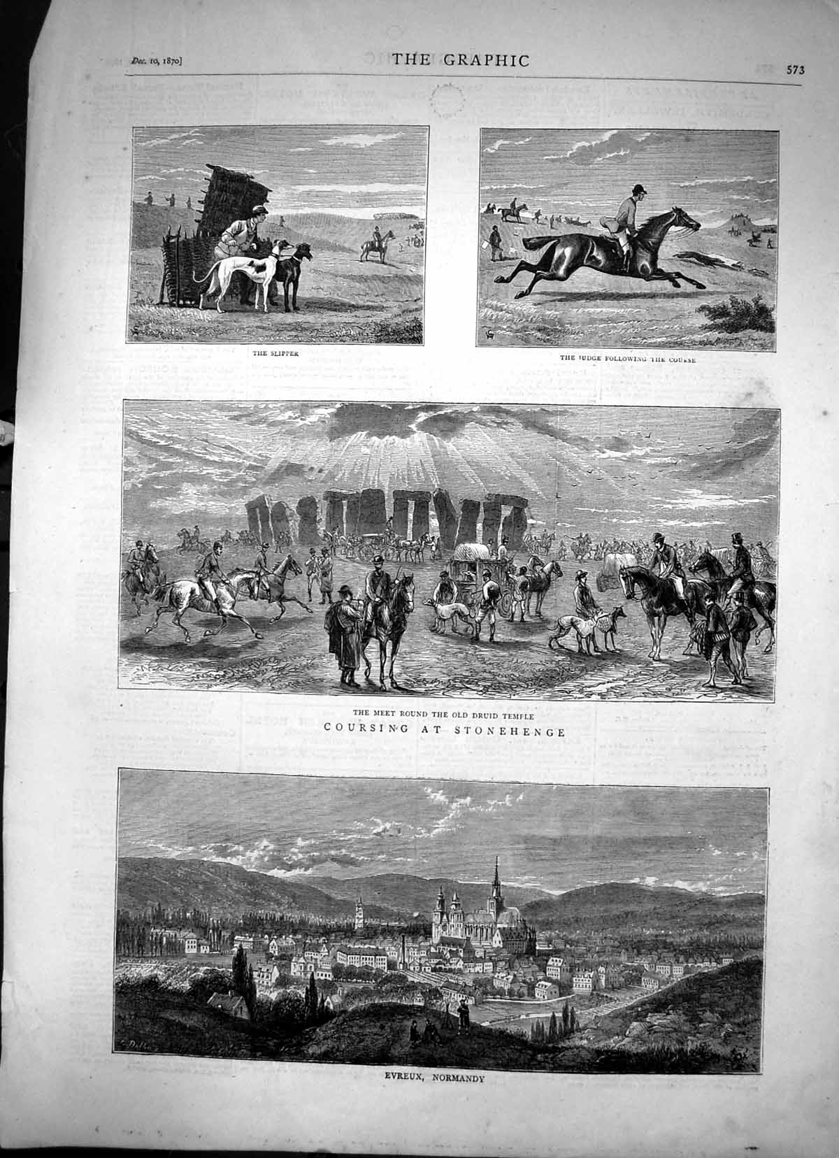 Antique Old Print Coursing At Stonehenge Druid Temple Evreux Normandy 1870 19th