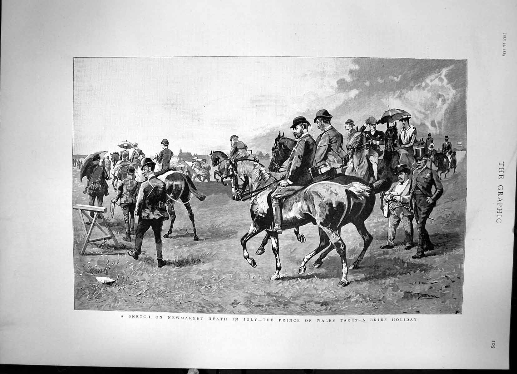 Antique Old Print Sketch Newmarket Heath In July Prince Wales Holiday 1889 19th