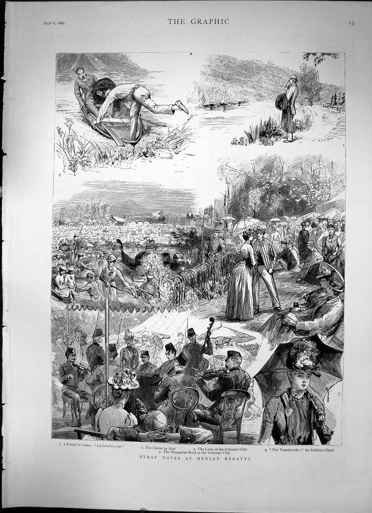 Antique Print Stray Notes At Henley Regatta Sketches In Camp Band Club 1889