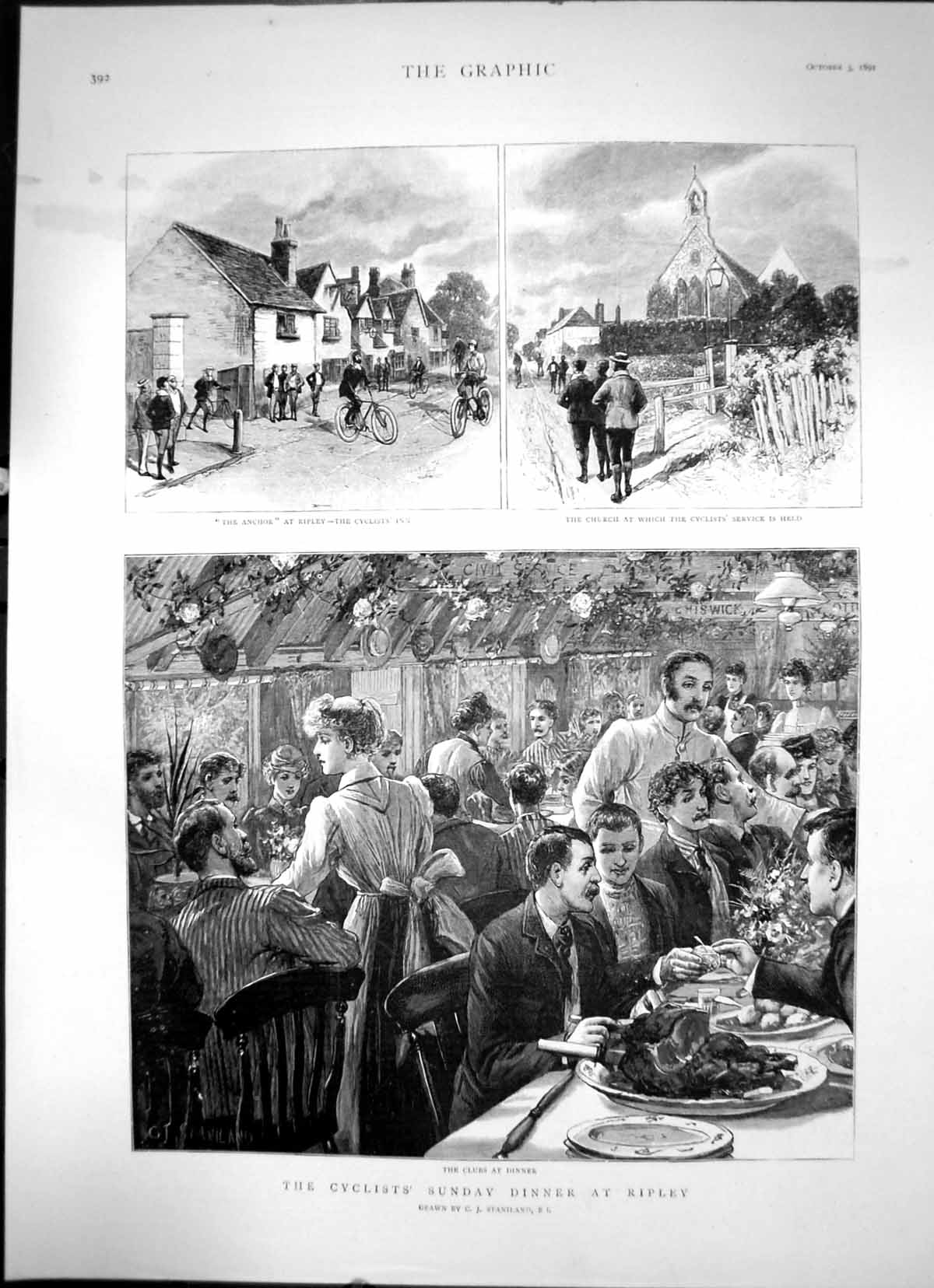 Old Print The Cyclists Sunday Dinner At Ripley The Anchor Inn Church 1891 19th