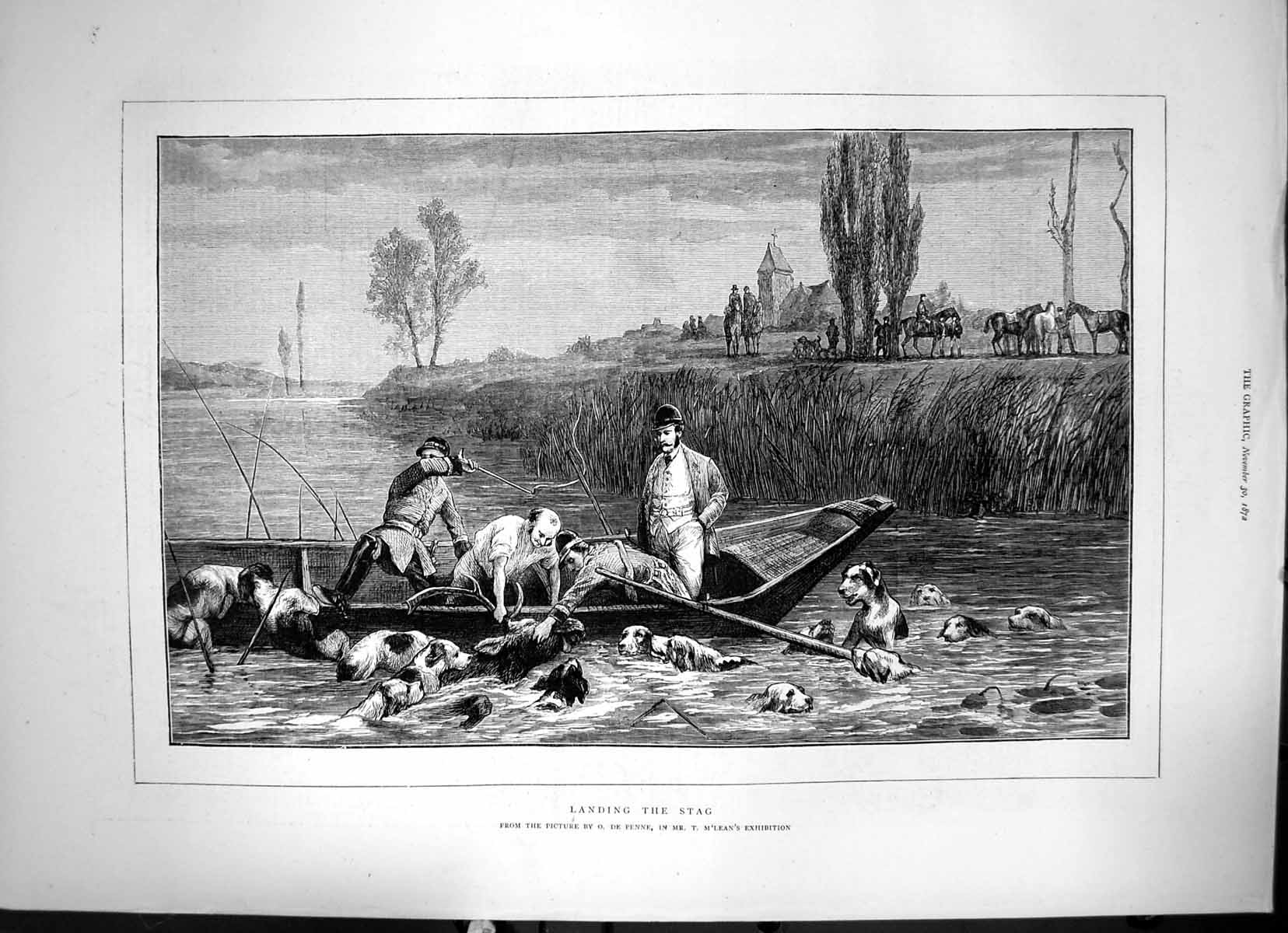 Antique Old Print Landing The Stag Picture By O De Penne In River Hounds 1872