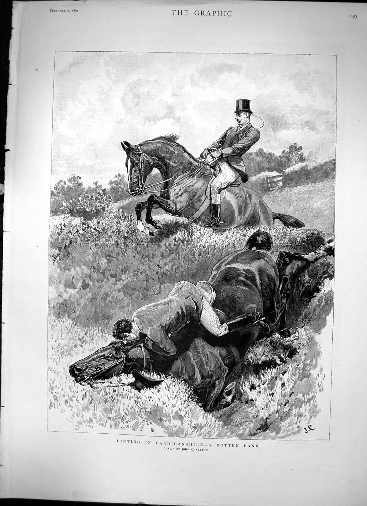 Antique Print Hunting In The Cardiganshire A Rotten Bank Horse In Bank 1891