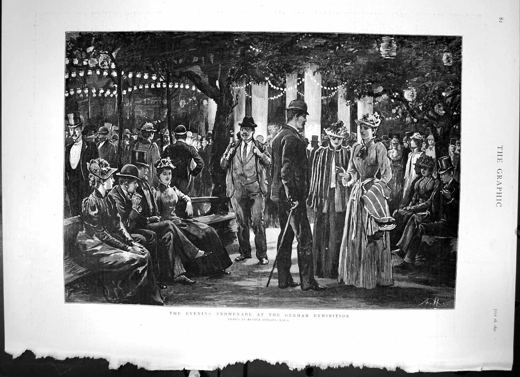 Antique Old Print The Evening Promenade At The German Exhibition Sketch 1891