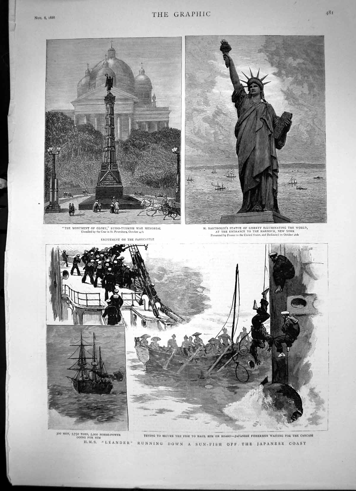 Old Print Hms Leander Running Down A Sun-Fish Off The Japanese Coast 1886 19th