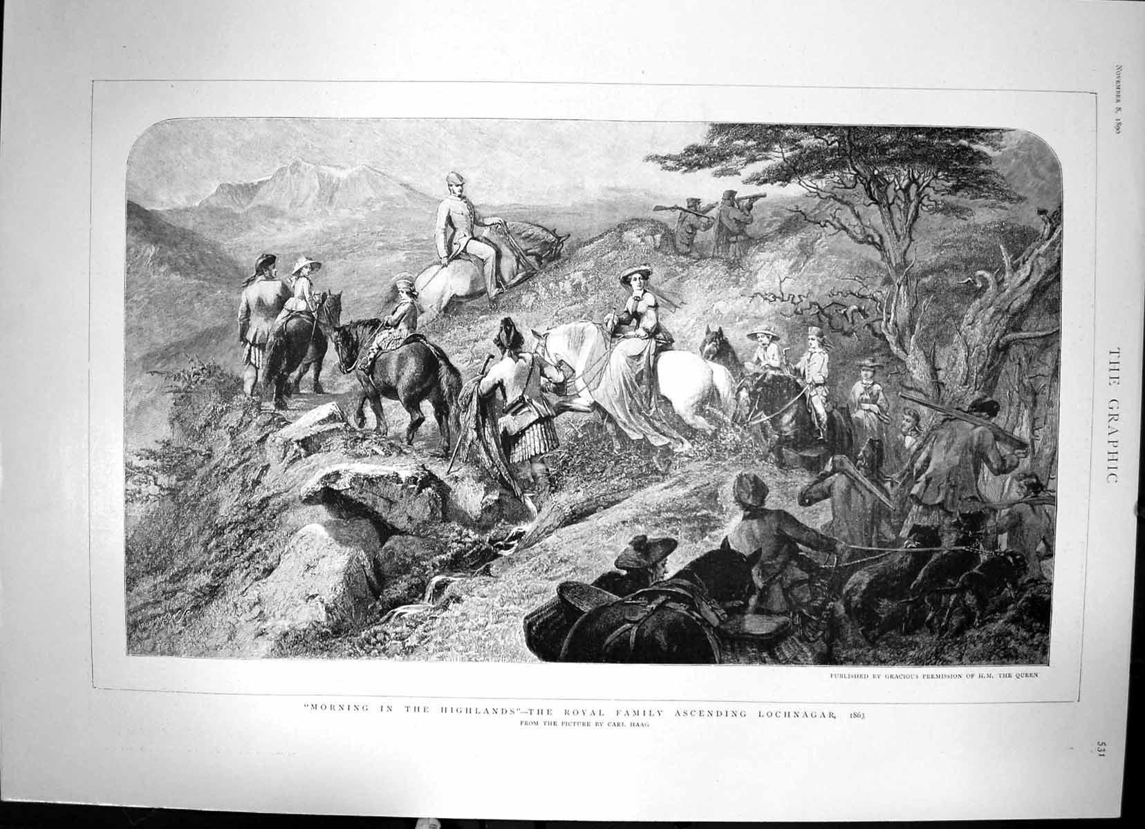 Old Print Morning In The Highlands Royal Family Ascending Lochnagar 1890 19th