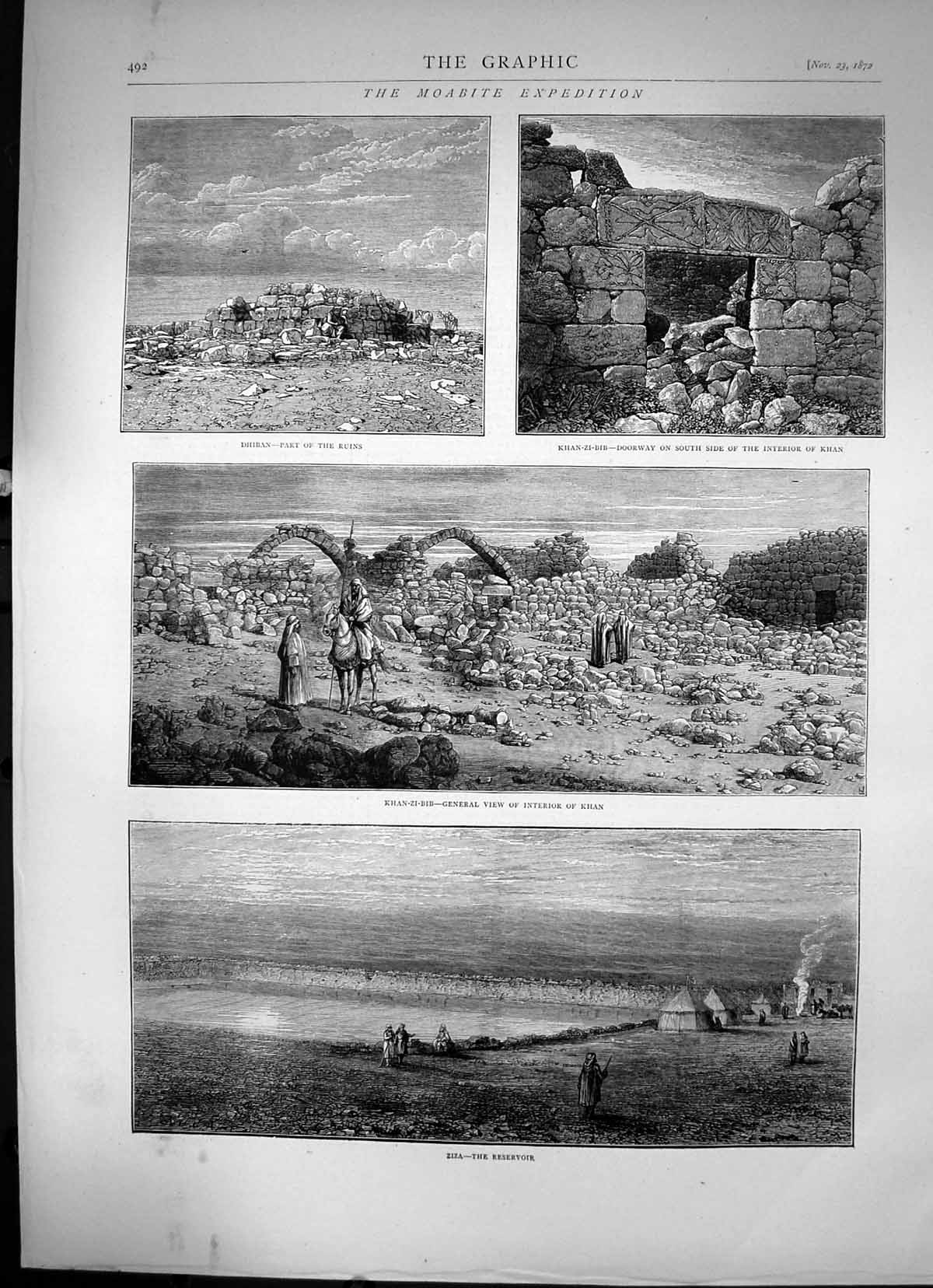 Old Print Moabite Expedition Ziza The Reservoir General View Dhiban 1872 19th