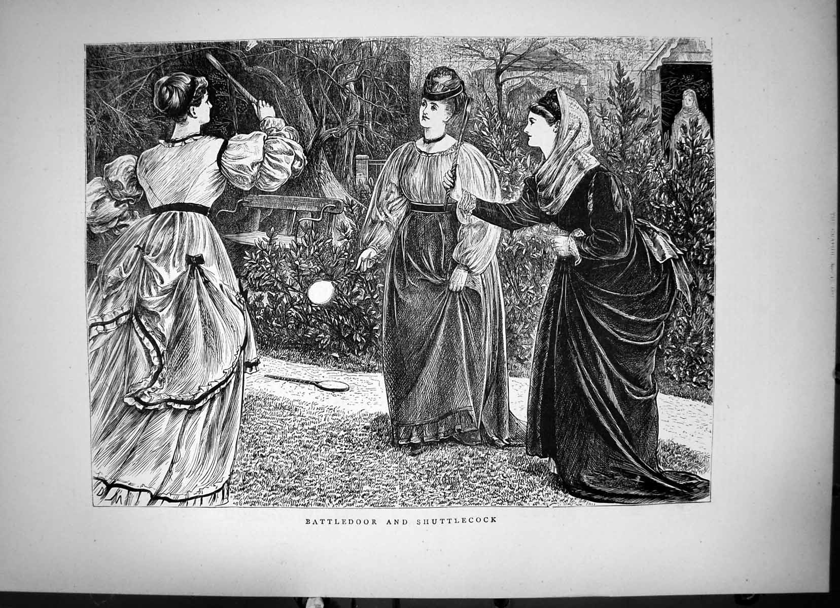 Antique Print Battledoor And Shuttlecock Woman Playing Game In Garden 1871 19th