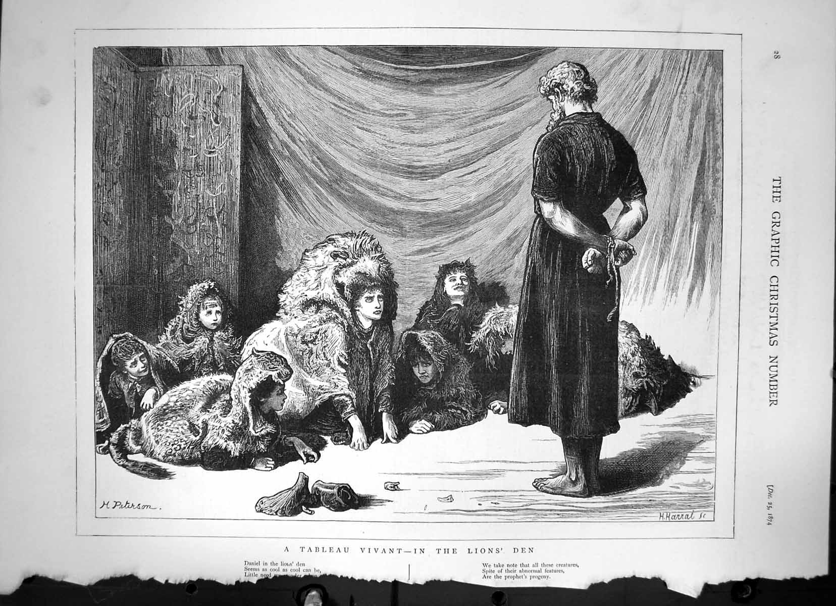 Old Print A Tableau Vivant In The Lions Den Acting Children Costumes 1874 19th
