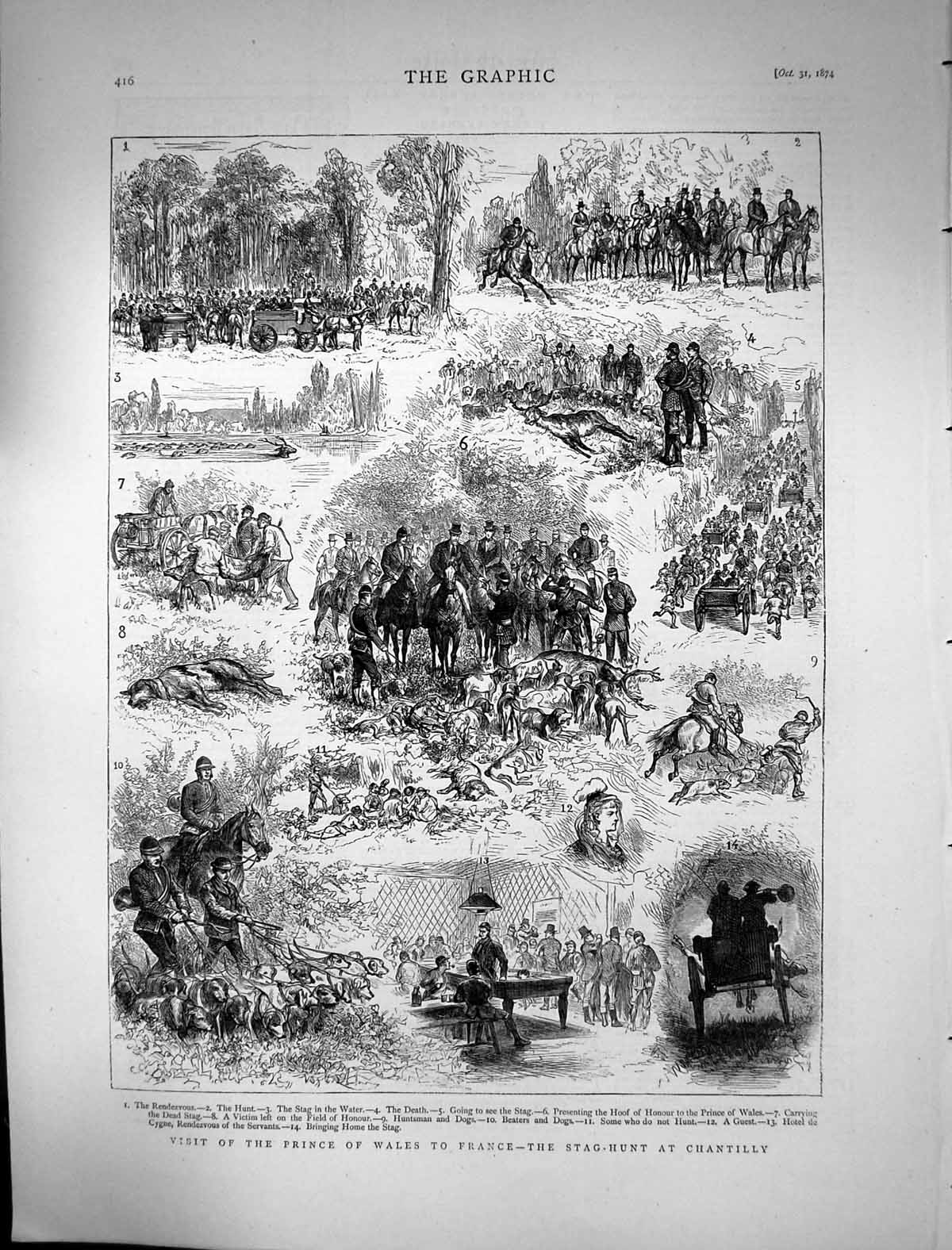 Antique Old Print 1874 Prince Wales France Stag-Hunt Chantilly Hunting Sport