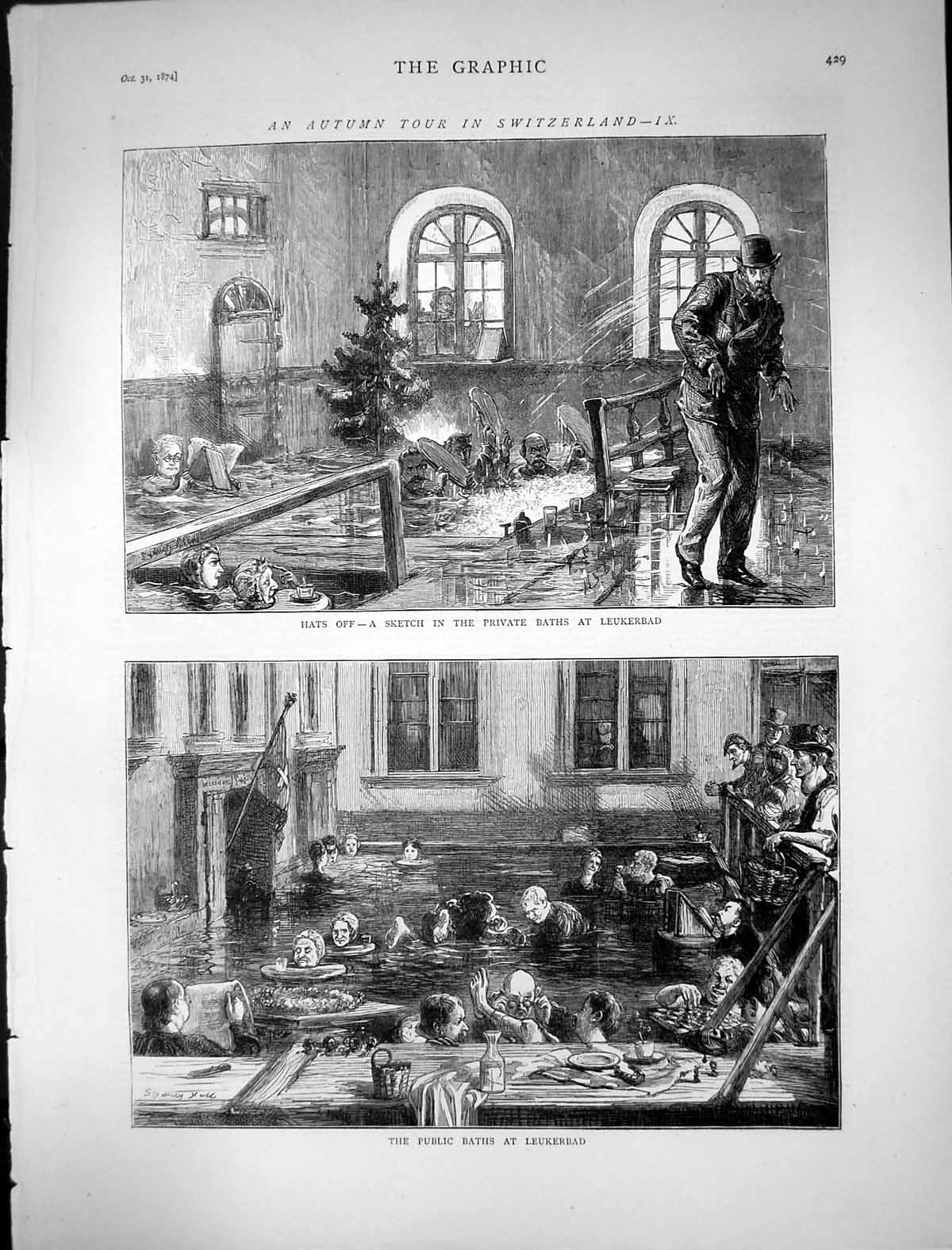 Original Old Antique Print 1874 Switzerland Private Public Baths Leukerbad 19th