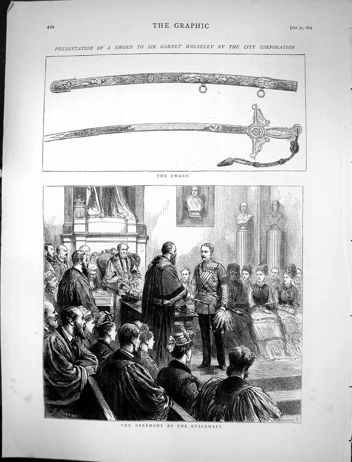 Antique Old Print 1874 Presentation Sword Garnet Wolseley Ceremony Guildhall